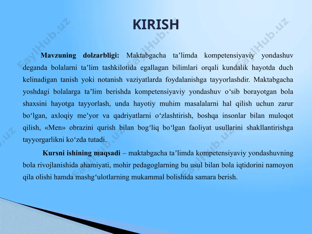lariga rioya qilgan holda оʼzini tuta olish mahorati 4. bilish kompetensiyasi atrofdagi olamni ongli ravishda idrok qilish va olingan bilim, kоʼnikma, jismoniy rivojlanish va sogʻlom turmush tarzini shakllantirish sohasi kompetensiyalari «jismoniy rivojlanish va sogʻlom turmush tarzining shakllanishi» sohasidagi oʻquv-tarbiyaviy faoliyat yakunlanganidan soʻng 6-7 yoshli bola: oʻz imkoniyatlari va yoshi bilan bogʻliq jismoniy rivojlanish meʼyorlariga mos ravishda jismoniy faollik koʻrsatadi; turli harakatchanlik faolligini uygʻun ravishda va maqsadli bajarishni biladi; turli hayotiy va oʻquv vaziyatlarida mayda motorika koʻnikmalaridan foydalanadi; oʻz harakatlarini hissiyot va sezgi organlari yordamida boshqaradi; shaxsiy gigiyena malakalarini qoʻllaydi; sogʻlom turmush tarzi va ovqatlanish asoslarini biladi; xavfsiz hayotiy faoliyat asoslari qoidalariga rioya qiladi. maktabgacha taʼlim tizimida bugungi kunga kelib yangilangan dasturiy-metodik taʼminotning eng muhim yutugʻi maktabgacha taʼlim tashkiloti tarbiyalanuvchilariga kompetensiyaviy yondashuvning joriy etilganligidadir. maʼlumki, maʼnaviy barkamol shaxs tarbiyasida kompetensiya va kompetentlik dolzarb ahamiyat kasb etadi. hozirgi kunda oʻzbekiston respublikasi taʼlim tizimida xorijiy davlatlar tajribasida yuqori koʻrsatkichlarga ega boʻlgan kompetensiyaviy yondashuv …