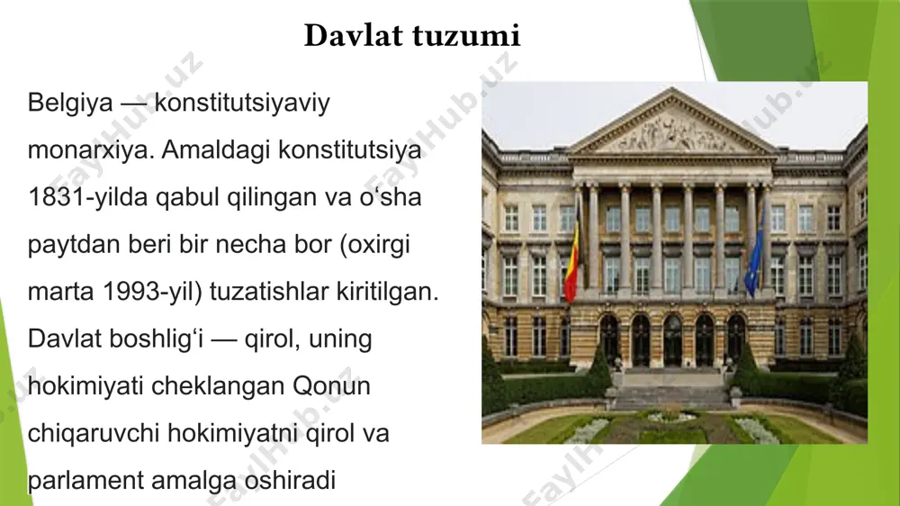 a yashaydi. rasmiy tili — fransuz, niderland va nemis tili. dindorlarning aksariyati katoliklar. yirik shaharlari: bryussel, antverpen, lyej, rent, sharlerua. tarixi qadim zamonlarda belgiyada belglarning kelt qabilasi yashagan mamlakat nomi shundan kelib chiqqan. miloddan avvalgi 57 yilda yuliy sezar mamlakatni bosib olib, rim imperiyasi tarkibiga qoʻshgan. 3-asrda b.ga germanlarning frank va friz qabilalari bostirib keldilar. franklar belglarning bir qismini qirib tashlab, boshqa bir qismi bilan birikib kstganlar. 5 — 9-asrlarda belgiyada frank davlati tarkibida boʻlgan. birinchi jahon urushi davrida belgiyaning betarafligiga qaramay, olmoniya yani germaniya qoʻshinlari uni bosib oldi. ikkinchi jahon urushi yillarida esa gitlerchilar bosqini azobini tortdi (1940 — 1944). 1944yili sentabrda belgiya bosqinchilardan xalos boʻld xoʻjaligi belgiya dunyodagi eng rivojlangan mamlakatlar guruhiga kiradi. sanoatida mahsulotning texnikaviy darajasi yuksakligi jahon bozorida uning raqobatbardoshligini taʼminlaydi. sanoatda yangi texnologiyalarni joriy etishga, eksportni ragʻbatlantirishga, kichik va oʻrta korxonalarni qoʻllab-quvvatlashga, xorijiy sarmoyani jalb etishga alohida eʼtibor beriladi. metallsozlik, mashinasozlik, ayniqsa avtomobilsozlik yiliga 1 …