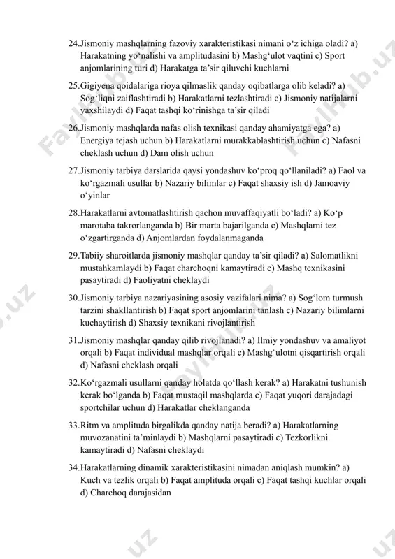 . harakatlarni avtomatlashtirish nimaga olib keladi? a) harakatning aniqligini oshiradi b) texnikaning buzilishiga c) charchoq darajasining ortishiga d) harakatlarni murakkablashtirishga 24. jismoniy mashqlarning fazoviy xarakteristikasi nimani o‘z ichiga oladi? a) harakatning yo‘nalishi va amplitudasini b) mashg‘ulot vaqtini c) sport anjomlarining turi d) harakatga ta’sir qiluvchi kuchlarni 25. gigiyena qoidalariga rioya qilmaslik qanday oqibatlarga olib keladi? a) sog‘liqni zaiflashtiradi b) harakatlarni tezlashtiradi c) jismoniy natijalarni yaxshilaydi d) faqat tashqi ko‘rinishga ta’sir qiladi 26. jismoniy mashqlarda nafas olish texnikasi qanday ahamiyatga ega? a) energiya tejash uchun b) harakatlarni murakkablashtirish uchun c) nafasni cheklash uchun d) dam olish uchun 27. jismoniy tarbiya darslarida qaysi yondashuv ko‘proq qo‘llaniladi? a) faol va ko‘rgazmali usullar b) nazariy bilimlar c) faqat shaxsiy ish d) jamoaviy o‘yinlar 28. harakatlarni avtomatlashtirish qachon muvaffaqiyatli bo‘ladi? a) ko‘p marotaba takrorlanganda b) bir marta bajarilganda c) mashqlarni tez o‘zgartirganda d) anjomlardan foydalanmaganda 29. tabiiy sharoitlarda jismoniy mashqlar qanday ta’sir qiladi? a) salomatlikni …