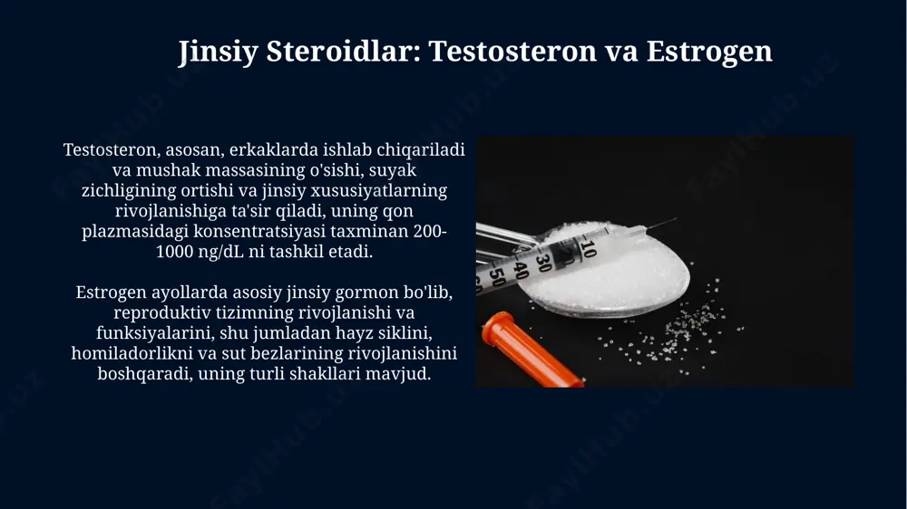 l nomutanosibliklar kabi 5 dan ortiq muammolarni keltirib chiqarishi mumkin. uzoq muddatli katabolik steroidlarni qo'llash jigar va buyraklarga jiddiy zarar yetkazishi, 2-3 baravar ko'proq yurak-qon tomir kasalliklari xavfini oshirishi mumni. steroidlarning metabolizmi steroidlar jigarda 7-gidroksilatsiya orqali katabolizmga uchraydi, bu jarayon sitoxrom p450 fermentlari tomonidan katalizlanadi va suvda eriydigan metabolitlar hosil qiladi. kortizol kabi ba'zi steroidlarning yarim chiqish muddati taxminan 90 minutni tashkil etadi, bu esa ularning tez metabolizmini va qisqa muddatli ta'sirini ko'rsatadi. anabolik steroidlar: ta'siri va xatarlari 10-20 mg/kg dan yuqori dozalarda qo'llash miokard infarkti xavfini sezilarli darajada oshiradi, bu esa yurak-qon tomir kasalliklarining rivojlanishiga olib keladi. ayollarda anabolik steroidlarni ishlatish virilizatsiya belgilarini, masalan, ortiqcha soch o'sishi va ovozning qalinlashishini keltirib chiqarishi mumkin. steroidlarning biologik vazifalari steroid gormonlari, masalan, kortizol va aldosteron, organizmda suv-tuz muvozanatini tartibga soladi, qon bosimini boshqaradi va yallig'lanish jarayonlarini susaytiradi. xolesterin, asosiy sterol, hujayra membranalarining tarkibiy qismi bo'lib, ularning suyuqlik xususiyatlarini saqlashda, shuningdek, d vitamini …
