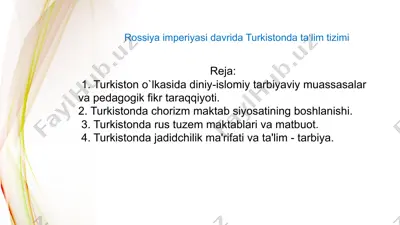 rossiya imperiyasi davrida turkistonda ta‘lim tizimi — PPTX