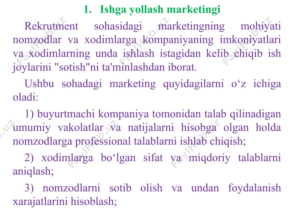 hqi va ichki). 4p nazariyasi (kontseptsiya) (inglizcha marketing mix, marketing majmui) - marketingni rejalashtirishning to‘rtta asosiy "koordinatalari"ga asoslangan marketing nazariyasidir. marketing majmui - boshqarilishi mumkin bo‘lgan o‘zgaruvchan marketing omillari to‘plamidir, ulardan kompaniya maqsadli bozordan istalgan javobni olish uchun foydalanadi. rekrutment sohasida 4 "p" nazariyasini quyidagicha ko‘rib chiqilishi mumkin: -product (mahsulot) - kompaniya talab qilgan sifatga (ish natijasi), tovar belgisiga (ismi, ma'lumoti, ish tajribasi), xususiyatlariga (vakolatlari, shaxsiy va ish xususiyatlari) qadoqga (imij, tashqi ko‘rinish, o‘zini tanishtirish qobiliyati, yoshi); ega bo‘lgan xodim va (yoki) nomzod; 2. rekrutmentda 4p nazariyasi -pricing (narx shakllantirish) - mehnat bozorida lavozim va (yoki) ma'lum bir xodim (nomzod) ning qiymati; -promotion (tovarlarni targ’ib qilish) – personal pr, konferentsiyalarda chiqishlar, nashrlar, rezyumelar, erishilgan natijalar; -place (joy) - mehnat bozorida ushbu lavozimning talabgorligi va xodim (nomzod) kompaniya tomonidan sotib olinishi (saqlanishi). vaqti-vaqti bilan hr menejeri kompaniyaning xodimlarini raqobatchilarning xodimlari bilan taqqoslashi va yuqoridagi 4 "p" ga muvofiq tahlil qilishlari kerak. …