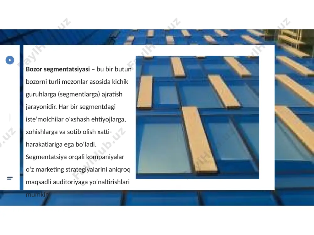 ulotni baholaydigan o‘lchamlarni va raqib tovarlarida qanday tavsiflar ularni qiziqtirishini aniqlashi zarur. ikki raqibning tovarlari joylashuvi taxminiy sxemasi suyidagicha: 1. raqib yoniga joylashish va bozordagi ulush uchun kurashni boshlash. bunday yo‘l firmaga ma’qul keladi, agar rahbar quyidagilarni sezsa: firma turmahsuloti raqib mahsulotidan sifat yoki boshqa tavsiflari bilan ustun tursa; bozor doirasi ikki raqibni sig‘dirish uchun yetarli bo‘lsa; firma resurslari raqibnikiga qaraganda ko‘proq bo‘lganda; tanlangan joy yuqori darajada tashkilotning kuchli tomonlariga mos kelganda. 2.firma raqib mahsulotida bo‘lmagan yangi, faqat o‘ziga xos xizmatlardan iborat, turmahsulotni yaratishi yoki umuman yangi taklif bilan chiqishi mumkin. bu holatda firma, raqib taklif qilmaydigan va xuddi shu xizmatlarga muhtoj bo‘lgan iste’molchilarni o‘ziga jalb qiladi. ammo menejer bu taklifni qabul qilayotganda quyidagilarda ishonchini hosil qilishi kerak: yangi, o‘ziga xos xizmatlardan iborat turmahsulotni yaratishning texnikaviy imkoniyatlarda; narxlar rejalashtiradigan darajasiga qarab turni tashkil etish uchun iqtisodiy imkoniyatlarda; turni sotib oladigan iste’molchilar sonini yetarligi. 4-savol xizmatlar bozorini segmentlash uslublari bozor segmentlarining …