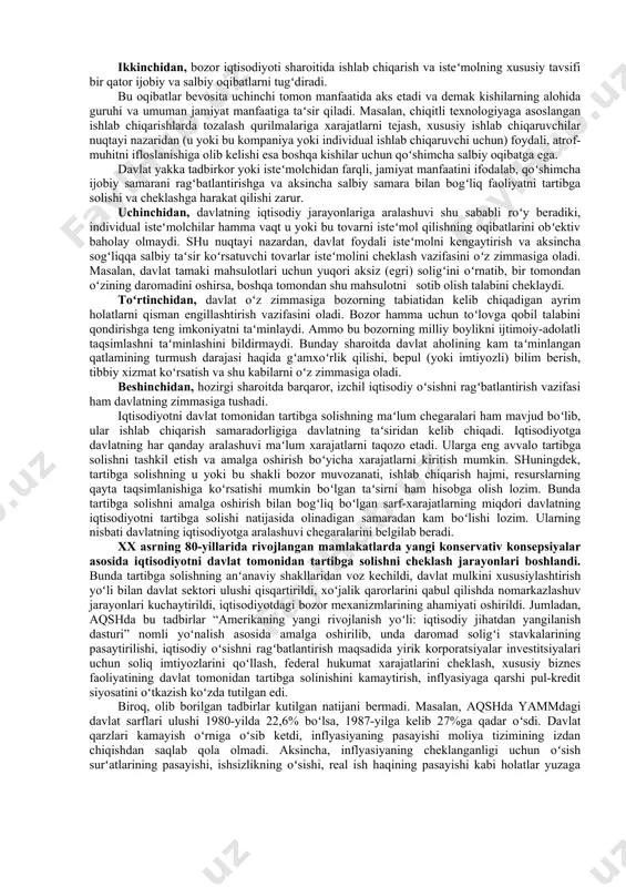 qori xarajatlari va past sifatini saqlab qolishiga olib keladi. bunda past sifatli va narxi qimmat tovarlarni sotib olishga majbur boʻlgan milliy isteʻmolchilar yutqazadi. a.smitning "tinch qoʻyish" nazariyasi, 1929-1933 yillarda bozor iqtisodiyotiga asoslangan deyarli barcha mamlakatlarni qamrab olgan iqtisodiy inqiroz davrida tanqidga uchradi. iqtisodiy tanazzul va ommaviy ishsizlik davlatning iqtisodiy jarayonlarga aralashuvini kuchaytirishni taqozo qildi. davlatni iqtisodiyotdagi rolini oshirish masalasi j.m.keynsning "ish bilan bandlik, foiz va pulning umumiy nazariyasi" (1936-yil) nomli kitobida oʻz aksini topdi. bu kitobda muallif davlat fiskal (xazinaviy) va kreditli tartibga solish vositalaridan foydalanib, jamiyatning yalpi talabini ragʻbatlantirishni va aholining ish bilan bandligini taʻminlashi zarurligini isbotlaydi. amalda gap davlatning uzluksiz ravishda inqirozga qarshi siyosat oʻtkazishi, iqtisodiy inqirozning salbiy oqibatlarini tugatish va sanoat siklining oʻzgarishini yoʻqotish haqida ketadi. keyns nazariyasi ancha tugal shaklda aqshda amalga oshirildi. urushdan keyingi davrda keyns nazariyasidagi koʻrsatmalar u yoki bu darajada bozor iqtisodiyoti amalda ustun boʻlgan barcha mamlakatlarda foydalanildi. shu bilan birga davlatning iqtisodiyotdagi …