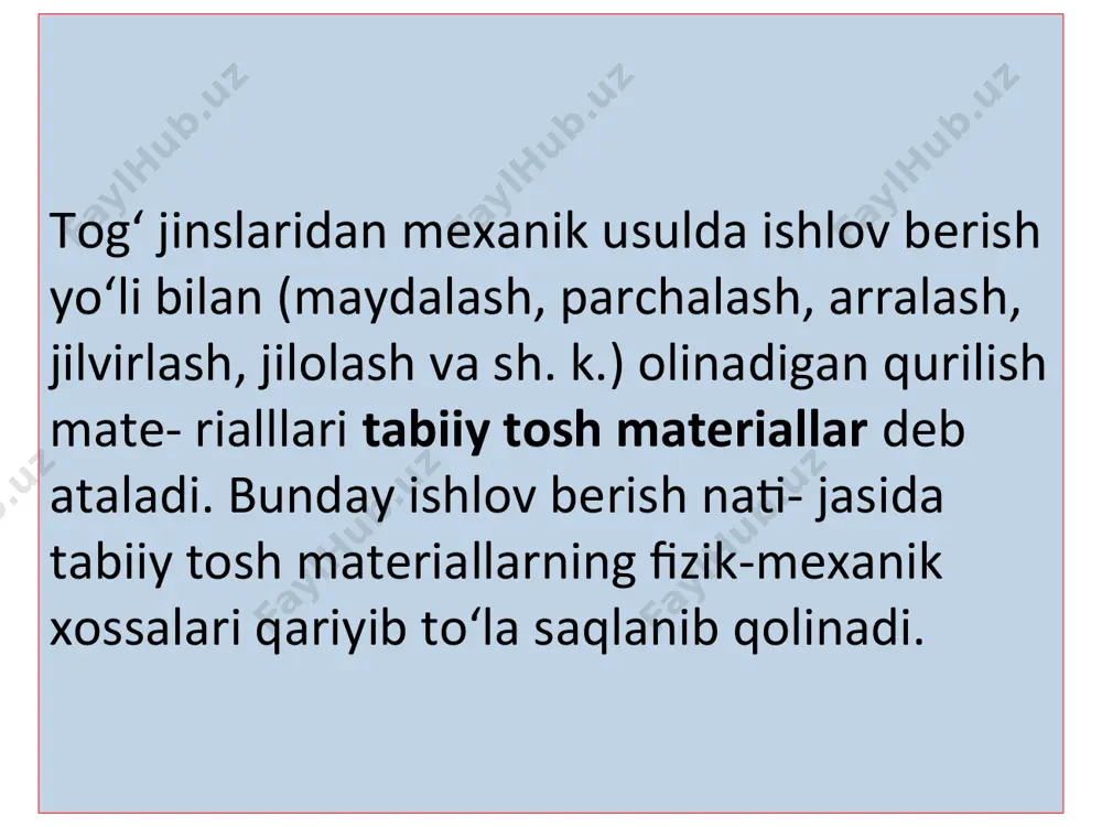 haktosh, dolomit, magnezit, gips toshi, angidrid va mergel- lar kiradi. bunday tog‘ jinslari silikatli va alyumosilikatli mineral- larning kimyoviy o‘zgarishi natijasida (kimyoviy cho‘kindilar mahsuloti) ho- sil bo‘lgan dispers minerallardir. . organogen jinslar qobirg‘alari va zirhlari tarkibida mineral modda- lar bo‘lgan tirik va o‘simlik organizmlari qoldiqlarining cho‘kishi natija- sida hosil bo‘lgan. bunday cho‘kindilar odatda, zichlangan va birikkan bo‘ladi (ohaktosh, bo‘r, trepel, diatomit va sh. k.). chaqiq cho‘kindi tog‘ jinslarning uvalanib ketadigan turlari (qum, sha- g‘al) hamda sementlangan turlari (qumtosh, konglomerat va brekchiyalar) qurilishda keng ko‘lamda ishlatiladi. . metamorfik tog‘ jinslari cho‘kindi yoki magmatik tog‘ jinslarning yuqori harorat, yuqori bosim va boshqa omillarning ta’sirida ko‘rinishining o‘zgarishi natijasida yer po‘stining qalinligida hosil bo‘lgan. bunday sharoitlarda minerallar eritmasidan qayta kristallanadi, bu esa hosil bo‘lgan jinslar zichligining dastlabki jinslar zichligiga nisbatan ortishiga yordam beradi. metamorfik tog‘ jinslaridan qurilishda eng ko‘p qo‘llaniladiganlari gneyslar, gilli slaneslar, marmar va kvarsitlardir. . qurilishida qo‘llaniladigan pardozbop tabiiy tosh materiallarning turli-tuman …