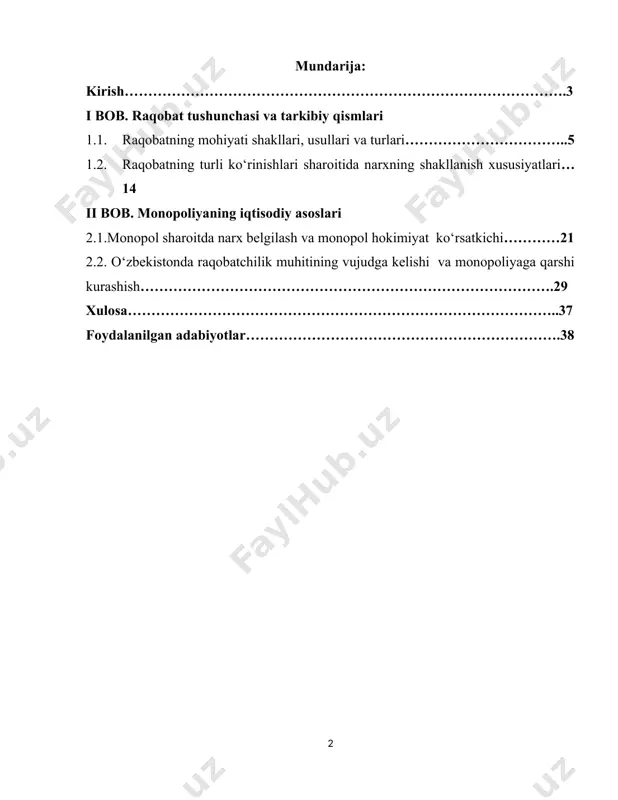 asi uning o‘ziga xos bo‘lgan xususiyatlari turlari shakllari , raqobatning iqtisodiyotning rivojlanishi uchun zarur bo‘lgan vazifalari haqida batafsil ma’lumotlar berib o‘tilgan. ikkinchi bo‘limda raqobat mavjud bo‘lgan bozorning turlari, shu mavjud raqobat bozorlarida narxlarning qanday shakllanishi, ushbu vaziyatlarda firmalarning qanday harakat qilishlari haqida tushuntirib o‘tilgan. uchinchi bo‘limda monopoliya tushunchasi, uning turlari monopoliya sharoitidagi asosiy iqtisodiy ko‘rsatkichlar, monopoliyani aniqlashtiruvchi asosiy indekslar ularni hisoblash tartiblari haqida hamda bu boradagi amerika tajribasi ko‘rsatib o‘tilgan. to‘rtinchi bo‘limda monopoliyaning ijobiy va salbiy tomonlari, monopoliyaga qarshi kurashish chora - tadbirlari hamda o‘zbekistonda bu borada olib borilayotgan islohotlar haqida ma’lumotlar berib o‘tiladi. nihoyat, xulosa kurs ishining asosiy fikrlarini umumlashtiradi, siyosatchilar va shaxslar uchun topilmalarning oqibatlarini yoritadi. shuningdek, ushbu bo‘limda kurs ishida keltirilgan tahlillar asosida monopoliya va raqobat sharoitlarida narxlarni samarali boshqarish bo‘yicha tavsiyalar beriladi. kurs ishining maqsadi va vazifalari: kurs ishining maqsadlari: raqobat va monopoliya sharoitlarida firmalarning harakatini o‘rganish. raqobat va monopoliya sharoitlarida narxlarni shakllantirish raqobat va monopoliya …