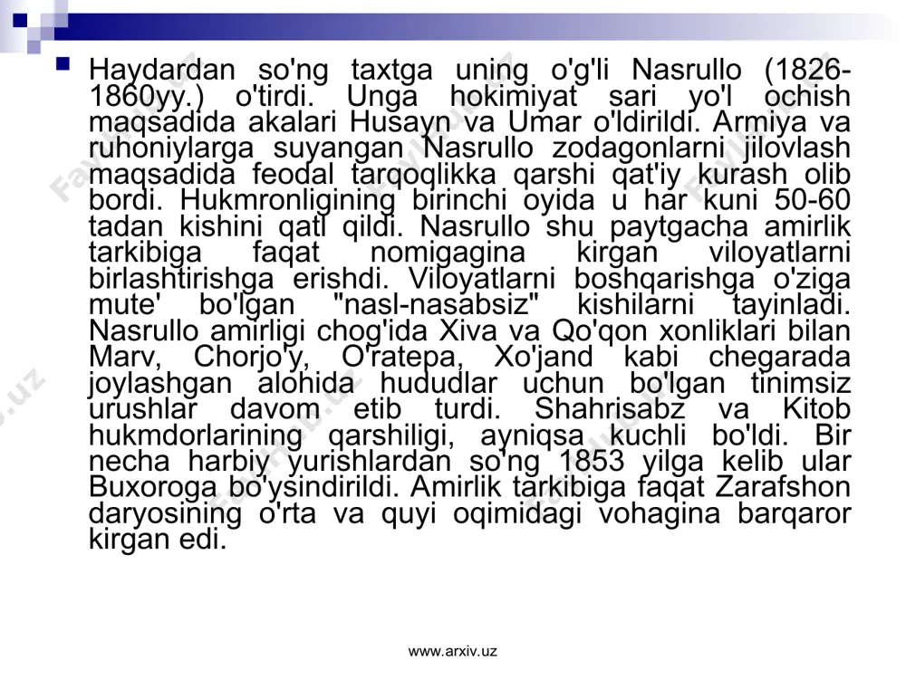to'pchiboshi (to'pchilashkar) rahbarlik qilgan. biroq, xix asr oxiriga kelib amir lashkari shoshilinch yig'iluvchi, yomon ta'lim ko'rgan va qoloq qurollar bilan ta'minlangan dehqonlardan iborat bo'lgan. bunday lashkarning bosh maqsadi — zarur bo'lganda ark qarshisida paradga yig'ilish edi. lashkar amalda xix asr boshlaridan beri rivojlanmagan, harbiy ish va armiya qurollari o'ta qoloq holatida edi. www.arxiv.uz www.arxiv.uz lashkarning soni 11 ming sarboz va 200 ofitserdan iborat bo'lib, ular qurol-aslahasi mingta berdanka miltig'i va bir necha to'plardan tashkil topgandi.shunday qilib, bir-biriga qarindosh-urug' bo'lgan amaldorlarning yuki mehnatkash xalq gardaniga tushdi. mamlakat daromadlarining katta qismi davlat ravnaqi va taraqqiyoti xususida kamdan-kam qayg'uruvchi xizmatchilar ulkan miqdoriga sarflanar edi. www.arxiv.uz www.arxiv.uz