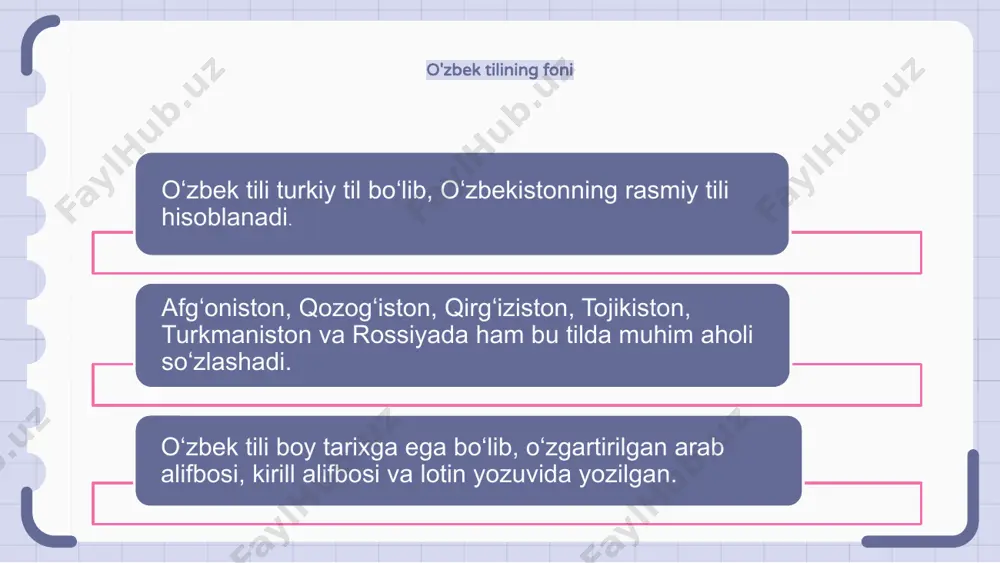 ishi uning madaniy merosini targ‘ib qilish va asrab-avaylash yo‘lidagi muhim qadamdir. xulosa xulosa o‘rnida aytish mumkinki, o‘zbek tiliga davlat maqomi berilishi o‘zbek xalqining madaniy o‘ziga xosligini saqlash va targ‘ib qilish yo‘lidagi salmoqli qadamdir. ushbu qaror tilni tan olish va qo‘llab-quvvatlashni ta’minlaydi, uni maktablarda o‘qitish, rasmiy hujjatlarda qo‘llash va yo‘q bo‘lib ketishdan himoya qilish imkonini beradi. hukumat oʻzbek tiliga davlat maqomi berish orqali tillar xilma-xilligi va inklyuzivligiga oʻzining sodiqligini koʻrsatmoqda. e'tiboringiz uchun rahmat