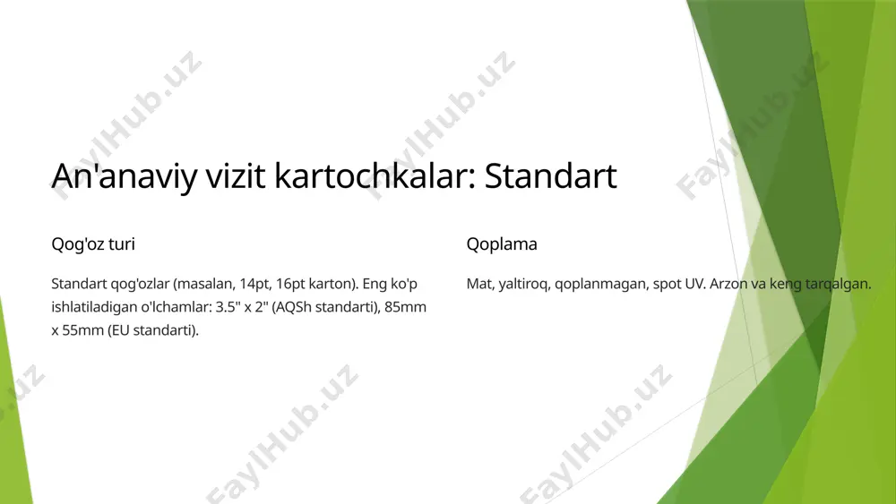 lar, ekologik toza. 9 to'g'ri vizit kartochkasini tanlash 1 brend identifikatori brendning shaxsiyati va qadriyatlarini aks ettirish. 2 maqsadli auditoriya ideal mijozlarga murojaat qilish. 3 byudjet narx va sifatni muvozanatlash. 10 image1.jpeg image2.png image3.png image4.png image5.png image6.png image7.png image8.png image9.png image10.png image11.png image12.png image13.png image14.png image15.png image16.png image17.png image18.png image19.png