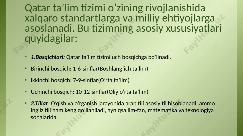 dasturlar: hamma bosqichlarda ta’lim aloqalari davom etmoqda.o’zbek talabalariga qatarda o’qish imkoniyatlari yaratilmoqda, bu esa madaniy va ilmiy almashinuvga olib keladi. iqtisodiy va ijtimoiy foyda: bu hamkorliklar ikki davlat o’rtasida iqtisodiy va ijtimoiy rivojlanishga katta ta’sir ko’rsatadi.talabalar va mutaxassislarning tajribasi oshib booradi. 8 grantlar va stipendiyalar: qatar hukumati o’zbekistonning iste’dodli talabalariga o’qish uchun moliyaviy yordam, grandlar va stipendiyalar taqdim etadi. bu esa o’zbek yoshlarining global miqyosda bilim olish imkoniyatlarini kengaytiradi qatar va o’zbekiston ta’lim sohasidagi hamkorlik, ayniqsa, xalqaro darajada tajriba almashish, o’qish va ilmiy izlanishlarni yanada rivojlantirishga xizmat qiladi. bu ikki davlat o’rtasidagi do’stlik va hamkorlik aloqalarini mustahkamlashga ham yordam beradi. 9 image5.jpg image6.jpg image7.jpg image8.jpg image9.jpg image10.jpeg image11.jpg image12.jpg image1.jpg