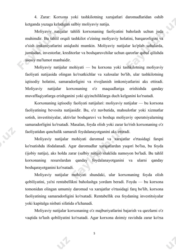 n “mahsulot (ishlar, xizmatlar)ni ishlab chiqarish va sotish xarajatlarining tarkibi hamda moliyaviy natijalarni shakllantirish tartibi to’g’risida nizom”[footnoteref:2] va o’zbekiston respublikasi buxgalteriya hisobining milliy standartlari bilan tartibga solinadi. nizom va 3-son bhms «moliyaviy natijalar to’g’risida hisobot»[footnoteref:3]ga asosan xarajatlar quyidagi to’rt guruhga bo’linadi: [2: o’zbekiston respublikasi vazirlar mahkamasining 1999 yil 5 fevraldagi 54-sonli qarori bilan tasdiqlangan “mahsulot (ishlar, xizmatlar)ni ishlab chiqarish va sotish xarajatlarining tarkibi hamda moliyaviy natijalarni shakllantirish tartibi to’g’risida nizom”] [3: o’zbekiston respublikasi buxgalteriya hisobining milliy standarti 3-son bhms «moliyaviy natijalar to’g’risida hisobot»] 1. mahsulot (ish, xizmat) tannarxiga kiradigan xarajatlar. 2. davr xarajatlari. 3. moliyaviy faoliyat xarajatlari. 4. favqulodda zararlar. shuningdek, daromadlari ham to’rt guruhga bo’linadi: 1. mahsulot (ish, xizmat) sotishdan tushum. 2. asosiy faoliyatining boshqa daromadlari ( tushumlari ). 3. moliyaviy faoliyat daromadlari ( tushumlari ). 4. favqulodda foyda. «mahsulot (ish, xizmat)lar ishlab chiqarish va sotish xarajatlar tarkibi hamda moliyaviy natijalarni shakllantirish tartibi to’g’risida»gi nizomning “a.moliyaviy natijalarni shakllantirish” bandiga …