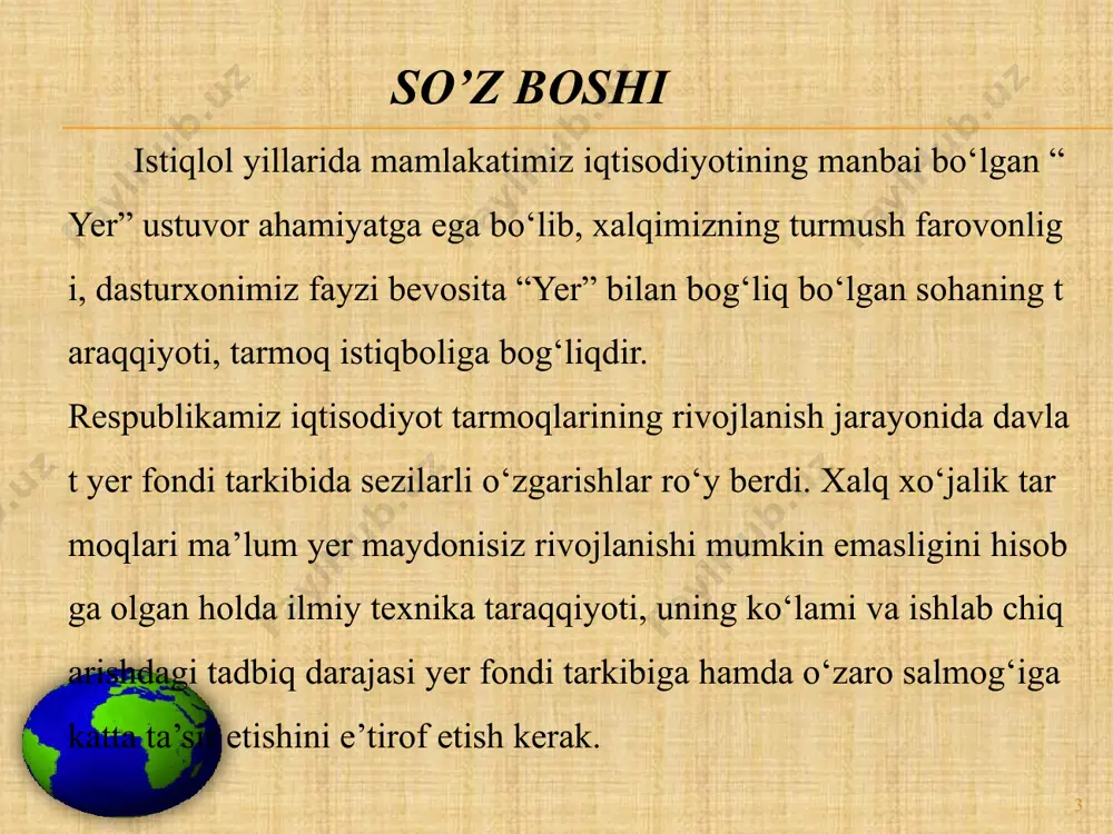 berilgan yerlardir. suv fondi yerlari — suv havzalari(daryo, koʻllar, suv omborlari va h.), gidrotehnika va suv xoʻjaligi inshootlari egallab turgan yerlar. zahira yerlar — huquqiy va jismoniy shaxslar egaligiga, foydalanishiga hamda ijaraga berilmagan, mulk qilib sotilmagan barcha yerlar. 26.09.2023 6 образец текста второй уровень третий уровень четвертый уровень пятый уровень 26.09.2023 7 образец текста второй уровень третий уровень четвертый уровень пятый уровень 26.09.2023 8 ўзбекистон республикаси ер фондининг тоифалари бўйича тақсимланиши 9 ўзбекистон республикасидаги жами фойдаланиладиган ерлар майдони т/р республика, шаҳар ва вилоятларнинг номи умумий ер майдони экин ерлар жами шу жумладан суғориладигани жами шу жумладан суғориладигани 1 қорақалпоғистон республикаси 16656,1 508,7 417,0 417,0 2 андижон 430,3 273,6 202,7 202,7 3 бухоро 4193,7 275,0 200,8 200,8 4 жиззах 2117,9 300,6 482,9 262,1 5 қашқадарё 2856,8 514,9 678,9 420,4 6 навоий 10937,5 123,5 110,6 90,7 7 наманган 718,1 282,2 194,5 194,5 8 самарқанд 1677,3 379,6 434,9 252,8 9 сурхондарё 2009,9 325,8 …