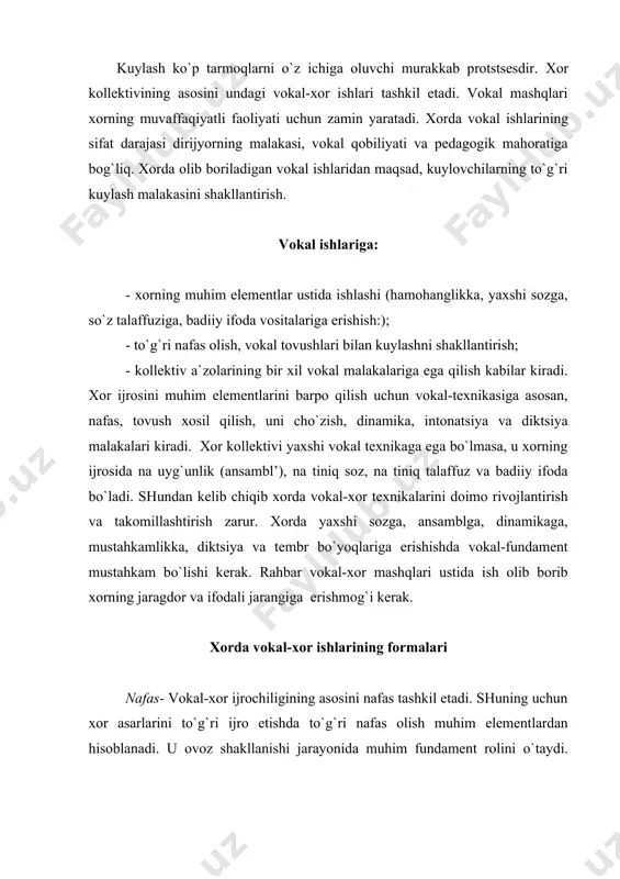 ko`krakni yuqori qismida olinib, kiftlar ko`tariladi. nafasning bu turi juda zararlidir. vokal- xor ijrochiligida bu nafas qo`llanilmaydi. ko`krak- qorin (o`rtacha qovug`a-biqin). aralash- (pastki qovurg`a- diafragma usulida olinadi). bu usul xonandalarga (havaskorlik xorlarida) oldin tushuntiriladi, keyin ko`rsatib beriladi. bunday nafas olishda biqin va pastki qovurg`alar kengayadi. nafas olishda kiftlar, ko`krak qafasi ko`tarilmaslik kerak. tajribali ashulachilarda nafas ko`krakda deyarli bo`lmaydi. ular nafasni pastga- diafragma olib, qorinni pastki qismida harakat bo`ladi. xorda nafas olish spitsifikalari mavjud. xorda bu vaqtda zanjir yoki ulanma nafas (tsepnoe do`xanie) olish usuli qo`llaniladi. zanjir usuli ayrim xor asarlarini kuylashda nafas olish mumkin bo`lmagan paytlarda qo`llaniladi. ko`p ovozli asarlarni kuylashda xonandalar zanjirli nafasdan foydalanadilar. bu usul zanjir yoki ulama nafas olish usuli deyiladi. nafas olish tugab, tovushning boshlanishi ataka deyiladi. ataka ital’yancha attakate hujum qilmoq degan ma`noni bildiradi. bu vokal-xor va boshqa musiqa janrlarida ham qo`llaniladi. tovushning yumshoq, mayin boshlanishi yumshoq ataka deyiladi. tovush atakasi asar xarakteriga bog`liq bo`ladi. …