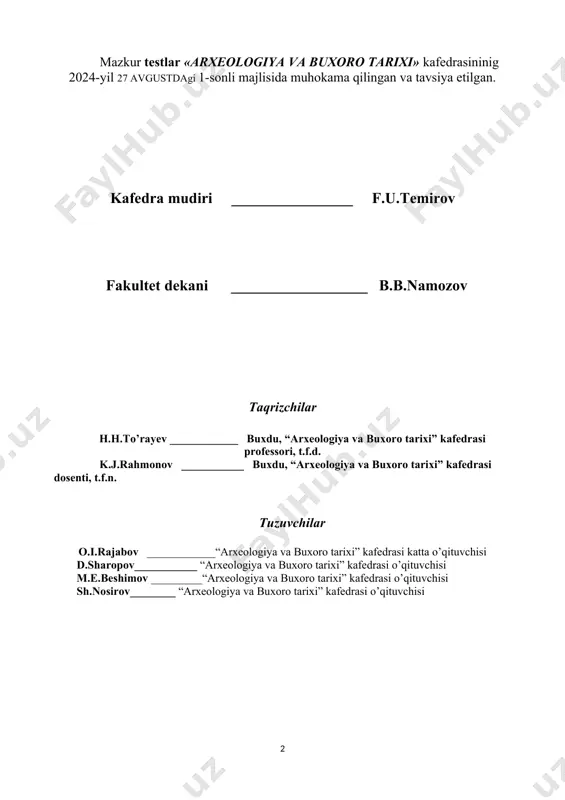 a “so`nggi orta asrlar” tarixiga oid tarixiy mantiqiy ketma-ketlik(moslik) xato berilgan javobni aniqlang. abdulkarimbiy – poytaxt qoqon shahriga kochirilishi – oratepa viloyati qoshib olindi abdullaxon ii – buxoro shahri uzil-kesil poytaxtga aylandi – mamlakat markazlashdi arab muhammad – poytaxt xiva shahriga ko`chirilishi – “xiva xonligi” deb ataldi amir nasirullo – 1837-yil – harbiy islohot o`tkazildi qadimgi baqtriya davlati qachon tashkil tashkil topgan edi? mil.avv. vii asr mil.avv. vi asr mil.avv. viii asr mil.avv. v asr o’zbekistondagi qaysi daryo qadimda «politemit» deb nomlangan? zarafshon sirdaryo amudaryo oks qang’ davlatiga qachon asos solingan? mil.av iii asr mil.av ii asr mil.av i asr mil.av iv asr quyidagi asarlarning muallifi bo’yicha o’zoro muvofiqlashtiring. a) “tarxiy rashidiy”; b) “abdullanoma” (“sharafnomayi shohiy”); c)“mehmonnomayi buxoro” d) “tarixiy jadidayi toshkand” 1) muhammad haydar; 2) sulton muhammad hofiz toshkandiy 3) fazlulloh ibn ro'zbexon; 4) hofiz tanish al-buxoriy. a-1; b-4; c-3; d-2 a-2; b-4; c-3; d-1 a-1; b-3; c-4; d-2 …