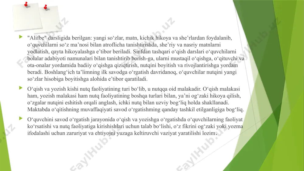dan bo‘g‘in tuzish va o‘qish; b)bo‘g‘inlardan so‘z tuzish va o‘qish; v)«alifbe» tushunchalarida bo‘g‘inlarga bo‘lib berilgan so‘zlarni o‘qish; e)«alifbe» dagi so‘z va gaplarni o‘qish. analitik-sintetik tovush metodining an’anaviy hamda shakllanish, tashkil topish jarayonidagi tamoyillari quyidagilardan iborat: 1. savod o‘rgatishda analitik-sintetik tovush metodi shaxsni shakllantirish maqsadiga ko‘ra ta’limiy va o‘stiruvchi xarakterda boiadi, nutqiy mashqlar orqali aqliy o‘sishini ta’minlaydi, o‘qishning ongli bolishini talab etadi. 2. analitik-sintetik tovush metodi tashkiliy tomondan quyidagi ikki davrga bo‘linadi: a) tayyorlov davri; b) alifbo davri. bunda yozuvga o‘rgatish o‘qishga o‘rgatish bilan parallel holda olib boriladi. 3. analitik-sintetik tovush metodida psixolingvistik nuqtayi nazardan quyidagilarga e’tibor qaratiladi: a) savod o‘rgatish bolalarning jonli nutqiga, ular egallagan nutq malakasiga asoslanadi; b) savod o‘rgatishga tovush asos qilib olinadi, unda tovushni ajratishga, tahlil va sintez qilishga, tovushlar artikulatsiyasiga, bolalarda fonematik eshitishni rivojlantirishga katta ahamiyat beriladi; d) o‘qish birligi sifatida bo‘g‘in olinadi, bo‘g‘in ustida ishlashga katta ahamiyat beriladi. metodning shakllanish va tashkil topish jarayonidagi tamoyillari …