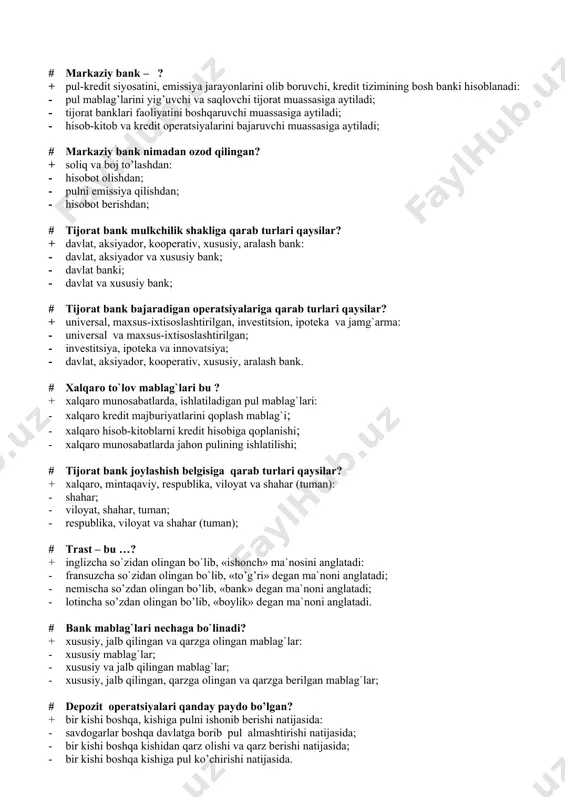 n? + angliya: - ispaniya; - fransiya; - germaniya; a) jahon amaliyotida kredit tizimi o`zining tashkil qilinish turiga qarab necha guruhlarga bo`linadi? + 3 guruhga: markaziy bank, tijorat banklari, maxsus kredit institutlari: - 1 guruhga: tijorat banklari; - 2 guruhga: markaziy bank, tijorat banklari; - 4 guruhga: markaziy bank, tijorat banklari, maxsus kredit institutlari, nobank kredit tashkilotlari; # o`zbekiston so`mi nechanchi yil muomalaga kiritilgan? + 1994 yil 1 iyul: - 1994 yil 1 may; - 1995 yil 1 iyun; - 1993 yil 1 iyul; # markaziy bank – ? + pul-kredit siyosatini, emissiya jarayonlarini olib boruvchi, kredit tizimining bosh banki hisoblanadi: - pul mablag’larini yig’uvchi va saqlovchi tijorat muassasiga aytiladi; - tijorat banklari faoliyatini boshqaruvchi muassasiga aytiladi; - hisob-kitob va kredit operatsiyalarini bajaruvchi muassasiga aytiladi; # markaziy bank nimadan ozod qilingan? + soliq va boj to’lashdan: - hisobot olishdan; - pulni emissiya qilishdan; - hisobot berishdan; # tijorat bank mulkchilik …