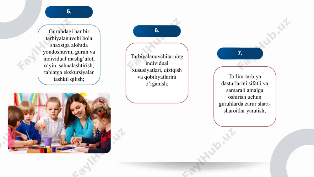 h.k), zamonaviy axborot texnologiyalari va axborot tizimida ishlash boʻyicha yetarli koʻnikmaga ega boʻlishi qoʻshimcha talablar oʻzbekiston respublikasining “maktabgacha taʼlim va tarbiya toʻgʻrisida”gi, “taʼlim toʻgʻrisida”gi, “pedagogning maqomi toʻgʻrisida”gi qonunlardan toʻliq xabardor boʻlishi; bolaning individual ehtiyojlarini hisobga olgan holda “ilk va maktabgacha yoshdagi bolalarning rivojlanishiga qoʻyiladigan davlat talablari” hamda “ilk qadam” davlat oʻquv dasturi va variativ (muqobil) dasturlari, oʻquv-uslubiy qoʻllanmalarini amaliyotga tatbiq etish va uzluksiz takomillashtirib borish yoʻllarini; davlat tilini bilish (rus, ingliz va boshqa chet tillarini bilish afzallik hisoblanadi); soha boʻyicha normativ-huquqiy hujjatlarni bilishi, normativ- huquqiy hujjat hamda standartlardan xabardor boʻlishi, ularni amaliyotga tatbiq etishi, doimiy ravishda malakasini oshirganligi; maktabgacha pedagogika va psixologiya, defektologiya asoslari, yosh anatomiyasi va fiziologiyasin bilishi. e'tiboringiz uchun katta rahmat image2.png image3.png image4.png image5.png image6.svg image7.jpeg image8.jpeg image9.jpeg image10.jpeg image11.jpeg image12.jpeg image13.jpeg image14.jpeg image15.png image16.svg image17.jpeg image18.jpeg 148046891 /docprops/thumbnail.jpeg