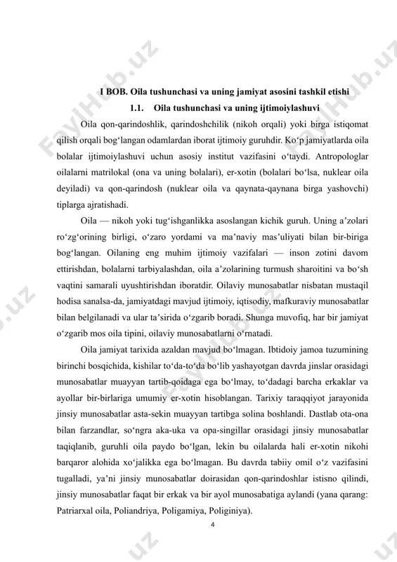 munosabatlar taqiqlanib, guruhli oila paydo boʻlgan, lekin bu oilalarda hali er-xotin nikohi barqaror alohida xoʻjalikka ega boʻlmagan. bu davrda tabiiy omil oʻz vazifasini tugalladi, yaʼni jinsiy munosabatlar doirasidan qon-qarindoshlar istisno qilindi, jinsiy munosabatlar faqat bir erkak va bir ayol munosabatiga aylandi (yana qarang: patriarxal oila, poliandriya, poligamiya, poliginiya). ijtimoiy ishlab chiqarish — chorvachilik va dehqonchilikning rivojlanishi bilan erkaklar mehnatining qadri oshdi, mahsulot ishlab chiqarishda ulushi ortdi, binobarin, ularning ijtimoiy mavqei ham tubdan oʻzgardi. mavjud qoida tartiblar — farzandlarning onagagina tegishli boʻlishi, ona mulkiga merosxoʻr sanalishi erkaklarning yangi mavqeiga zid kelib qoldi. natijada ota huquqiga asoslangan patriarxal oila vujudga keldi. shunday qilib, hozirgi individual oilaning oʻtmishdoshi — monogam oila vujudga kelgan (qarang: monogamiya). oila xalqning, jamiyatning hayoti, turmushiga oid urf-odatlarni oʻzida sinovdan oʻtkazadi. yaxshilarini oʻz bagʻrida asrab-avaylab kelajak avlodlarga yetkazadi. oila oʻz farzandlarini tarbiyalab, ularga umuminsoniy qadriyatlarni singdirish bilan ularga boshlangʻich ijtimoiy yoʻnalish beradi. oʻz farzandlarini katta oqimga — jamiyatga qoʻshish …