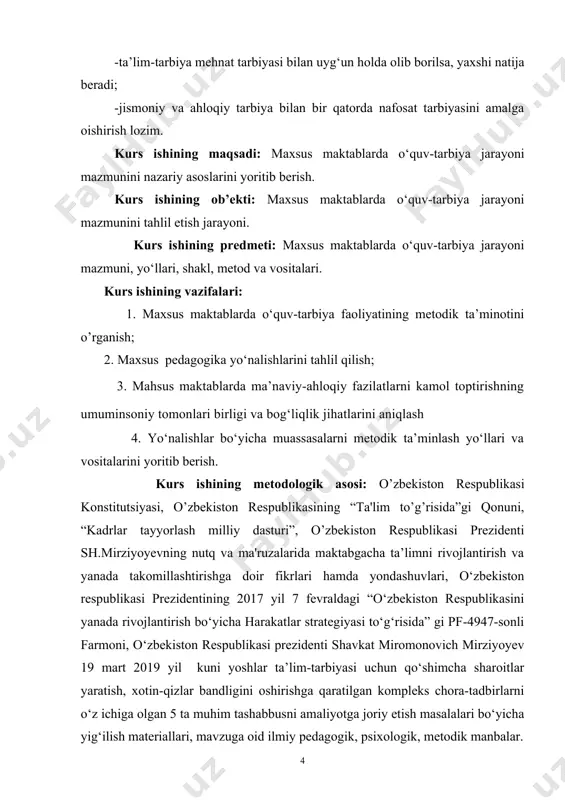 tga joriy etish masalalari bo‘yicha yig‘ilish materiallari, mavzuga oid ilmiy​ pedagogik, psixologik, metodik manbalar. kurs ishining amaliy ahamiyati: tadqiqot g‘oyasi, natijalari hamda ilgari surilgan metodik tavsiyalardan talabalar pedagogika nazariyasini, tarbiyaviy ishlarni o‘rganish jarayonida qo‘shimcha manba sifatida foydalanishlari mumkin. kurs ishining tarkibiy tuzilishi va hajmi: ish kirish, 4 bo‘lim, umumiy xulosalar, foydalanilgan adabiyotlar ro‘yxatidan iborat bo‘lib, jami _____ sahifani tashkil qiladi. i bob. maxsus maktablarda o‘quv-tarbiya jarayonining pedagogik asoslari. 1. maxsus maktablarda o‘quv-tarbiya faoliyatining metodik ta’minoti maxsus ta’lim muassasalari ta’limi mazmuni korreksion pedagogikaning maqsad vazifalari va tamoyillari bilan bog‘liq ravishda yaratiladi. korreksion pedagogika “defektologiya” fanining jaxon standartlari miqiyosida hozirgi kundagi nomlanishidir. bundan tashqari milliy pedagogikaning bir tarmog‘i sifatida “maxsus pedagogika” deb ham nomlanmoqda. korreksion pedagogika— jismoniy va ruxiy kamchiliklari bor bolalarning psixofiziologik rivojlanishidagi xususiyatlarini o‘rganadigan, ularning ta’lim-tarbiyasi bilan shug‘ullanadigan pedagogikaning mustaqil bir tarmog‘i. defektologiya-lotincha defekt — kamchilik, nuson, yunoncha logos — ta’limot, fan, o‘rganish degan so‘zlardan olingan. ruhiy va jismoniy kamchiliklari …