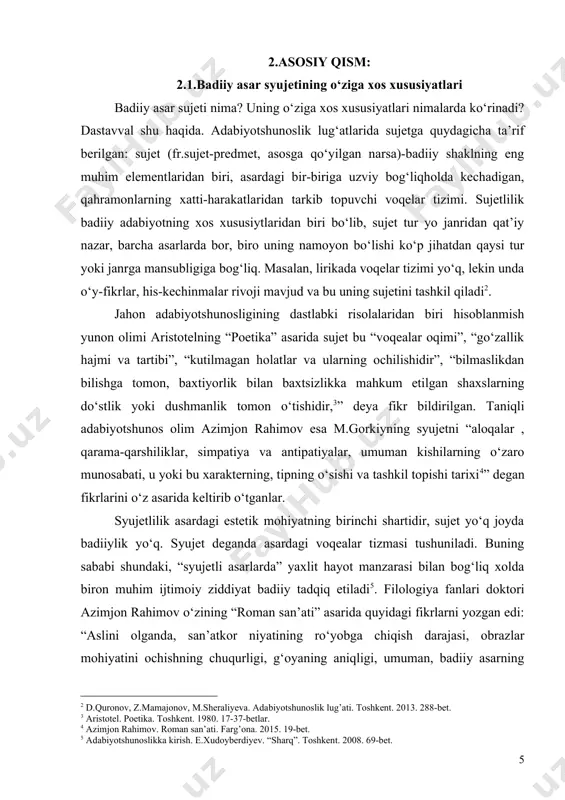 syujeti bir necha tarkibiy qismlardan iborat va ular o‘zaro bog‘liq; qismlar qatoriga ekspozitsiya, tugun, voqea rivoji, kulminatsiya va yechim kiradi. ba’zi asarlarda syujetning prolog (muqaddima)va epilog (xotima) kabi qismlari ham bo‘ladi. asarning o‘zida syujetning barcha qismlari bo‘lishi shart emas. ammo tugun va kulminatsiya bo‘lishi zarur. xususan, prolog va epilog kam uchraydi. lirik asarlarda esa syujet qismlarini birma-bir qidirib topish ancha qiyin. ulardagi syujet qismlari haqida gapirganda, fikrlar oqimining boshlanishi, mantiqli tarzda davom ettirilishi, rivoji, yakunlanishi to‘g‘risida so‘z yuritish, kechinma tasdiqlanishi yo inkor qilinishi mumkin. epik va dramatik asarlarning barchasida, lirik-epik asarlarning ko‘pchiligida ekspozitsiya, tugun, voqea rivoji, kulminatsiya, yechim mavjud bo‘ladi. syujet qismlarining har biri badiiy asar mazmunini ochishda muayyan vazifa bajaradi. shunga ko‘ra ularning har birini alohida-alohida ko‘rib o‘tish v aniq mushohada qilish zarur. syujet qismlari va qahramon xarakteri rivojini birga tahlil etmay asar mazmunini shunchaki hikoya qilib berish quruq bayonchilikdir. chunki syujet xarakter tarixidir. ekspozitsiya. ko‘pchilik asarlarda yozuvchilar syujetlardagi …