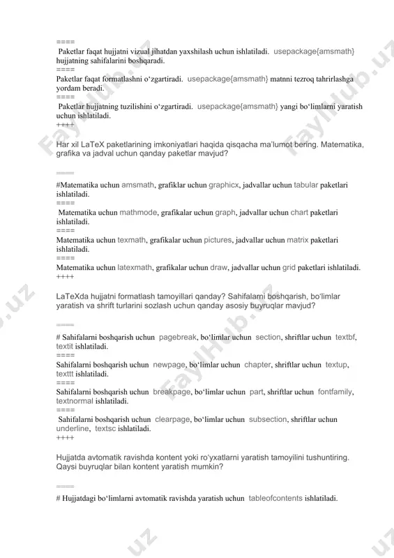 ofcontents ishlatiladi. ==== kontent ro‘yxatini yaratish uchun faqat listofsections ishlatiladi. ==== avtomatik ro‘yxatlar uchun contentlist, itemize, enumerate buyruqlari ishlatiladi. ==== listcontents, indexlist, contentlist yordamida ro‘yxat yaratish mumkin. ++++ latexda matnni qalin, kursiv, chizilgan va past yoki yuqori indekslarda yozish buyruqlarini sanab bering va ularning har biriga misol keltiring. ==== # textbf{qalin}, textit{kursiv}, underline{chizilgan}, a^2, a_2. ==== bold{qalin}, italic{kursiv}, strike{chizilgan}, x^2, x_1. ==== bf{qalin}, it{kursiv}, emph{chizilgan}, a_{1}, a^{2}. ==== textit{qalin}, texttt{kursiv}, underline{chizilgan}, x^2, x_3. ++++ latexda yangi paragraf yoki satr yaratish uchun qanday qoidalar mavjud? paragraflar va satrlar o‘rtasidagi bo‘shliqni boshqarish uchun qanday buyruqlar mavjud? ==== # yangi paragraf uchun bo‘sh satr qoldiriladi. satrlar o‘rtasidagi bo‘shliq uchun vspace ishlatiladi. ==== yangi paragraf uchun newparagraph ishlatiladi. satrlar o‘rtasidagi bo‘shliq uchun space ishlatiladi. ==== yangi paragraf uchun paragraph ishlatiladi. satrlar o‘rtasidagi bo‘shliq uchun hspace ishlatiladi. ==== yangi paragraf uchun faqat bo‘sh qator ishlatiladi, satr o‘rtasidagi bo‘shliq esa avtomatik ravishda boshqariladi. ++++ quyidagi latex …