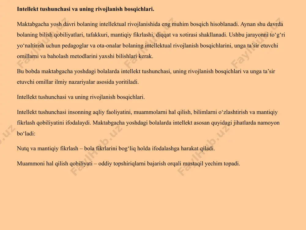 usiqiy, kinestetik va boshqalar). bine-simon testi va veksler testi – bolalarning intellekt darajasini baholash uchun eng ko‘p ishlatiladigan psixologik testlar. maktabgacha yoshdagi bolalarning intellektini baholash usullari kuzatish va suhbat – bola bilan suhbatlashish va uning harakatlarini tahlil qilish. turli olimlar intellektni har xil yo‘nalishda o‘rgangan. quyida intellekt haqidagi eng mashhur nazariyalar keltirilgan: j. piajye – intellektual rivojlanish bosqichlari nazariyasi l. s. vygotskiy – madaniy-tarixiy rivojlanish nazariyasi g. gardner – ko‘p intellekt nazariyasi r. sternberg – uch komponentli intellekt nazariyasi (analitik, ijodiy va amaliy intellekt) a. bine va t. simon – bolalarning iq darajasini baholash tizimini yaratgan olimlar intellektual rivojlanish bosqichlari bolalarning intellektual rivojlanishi bosqichma-bosqich sodir bo‘lishi va har bir bosqichda muayyan bilim, ko‘nikma va malakalar shakllanishi ilmiy jihatdan isbotlangan. j. piajyening intellektual rivojlanish nazariyasiga ko‘ra, inson tafakkuri quyidagi bosqichlardan o‘tadi: l. s. vygotskiyning intellektual rivojlanish nazariyasi vygotskiy fikricha, bola intellektining rivojlanishi jamiyat, ta’lim va madaniy muhitga bog‘liq. uning asosiy g‘oyalari …