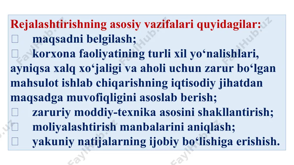 abi tamoyillariga tayanish zarur. korxona, ayniqsa, agar u yirik bо‘lsa, asosiy, yordamchi va xizmat kо‘rsatuvchi sexlardan iborat bо‘lib, ularning har biri faqat о‘ziga xos bо‘lgan vazifani bajaradi va shunga mos holda faoliyatni rejalashtirish va tartibga solishning о‘ziga xos xususiyatiga ega bо‘ladi. shundan kelib chiqqan holda yetakchi bо‘g‘inni ajratib kо‘rsatish rejalashtirishning asosiy tamoyillaridan biri bо‘lib xizmat qiladi. bunda korxonaning asosiy ishlab chiqarish vazifalari bajarilishini ta’minlovchi bо‘linmasini rivojlantirishga kо‘proq e’tibor qaratiladi. masalan, bunday bо‘g‘in sifatida mashinasozlik zavodida yig‘uv sexi, tо‘qimachilik kombinatida yigiruv va tо‘quv sexlari, qandolatchilik fabrikasida tayyor masulot sexini kо‘rsatish mumkin. yetakchi bо‘g‘inni ajratib kо‘rsatish korxonaning barcha bо‘linmalarini birgalikda kompleks ravishda rivojlantirishni kо‘zda tutadi. shu sababli korxona faoliyatining iqtisodiy-ishlab chiqarish rejasi kо‘rsatkichlari va bо‘limlarining о‘zaro aloqada bо‘lishini hamda kompleks rejalashtirishni ta’minlash muhim ahamiyat kasb etadi. bu yerda ham rejalashtirishning balans usuli katta ahamiyatga ega. rejalashtirishning yana bir muhim tamoyili ilmiylik bо‘lib, u avvalo tayyorlanayotgan rejalar va ishlab chiqarishni rivojlantirish dasturlariga, shuningdek, …