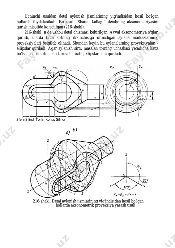 i, mustah- kamlik qovurg'alari, yup- qa devor va detallarning shunga o'xshash element- lari bo'ylab kesuvchi tekislik o'tganda kesim yuzasi shtrixlanadi. aksonometrik proyeksiya qurishning to'rtinchi usulidan mahsulot ichki shaklini ko'rsatish zarur bo'lgan hollarda foydalaniladi. bu holda kesimdan detal yoki yig'ish birligining aksonometriyasini qurish uchun asos sifatida foydalaniladi. bu usulni qo'llanilishi “taglik” detalining aksonometriyasini qurish misolida ko'rsatilgan (218-shakl, a). detal shaklini tahlil qilib, aksonometrik proyeksiya turi tanlan- gandan keyin qurish quyidagi ketma-ketlikda bajariladi: 1) xoz va zoy tekisliklarida chizmadan olingan o lchamlar bo'yicha ingichka chiziqlar bilan kesim shakli tasviri quriladi (218-shakl, b); 218-shakl. mahsulot ichki shaklini ko'rsatish zarur bo'lgan hollarda aksonometrik proyeksiya qurish usuli а) 2) detal sirti konturi tarkibiga kiruvchi aylanalarning tasviri - ellips- larning markazi belgilab olinadi va bu ellipslar yoki ularning qismlari quriladi (218-shakl, c, d); 3) ocherk chiziqlarining hamma chiziqlari o'tkaziladi (218-shakl, e); 4) kesim shtrixlab chiqiladi va tasvir ustidan asosiy tutash chiziq bilan yurgizib chiqiladi (218-shakl, k). …