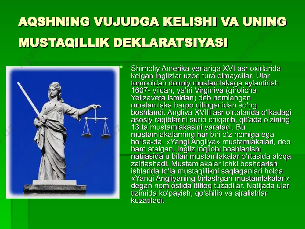 r - grafliklar ta’sis etilgan. yerdan foydalanish «yirik yer egalari - mayda fermerlar - kichik yer egalari ko‘rinishida kechgan. mustamlaka hududlarga oid umumiy ishlar angliya parlamenti tomonidan qonun qabul qilish, qirol tomonidan proklamatsiya (1763 -yil, ko‘chish haqida) va hukumat tomonidan farmoyishlar chiqarish orqali tartibga solinib kelingan. mustamlakalarda konstitutsiyashunoslikning tug‘ilishining eng boshidanoq dastlab, ikki bir-biriga qarama-qarshi tendensiya - demok- ratiyaga qarshi reaksion va demokratik yo‘nalish yuzaga keladi. shunga koloniyalarda demokratik va nodemokratik siyosiy tuzum amal qiladi. ingliz inqilobi mustamlakalarda ozodlik uchun kurashning boshlanishiga katta ta’sir etadi. inqilob joylarda monarxiyani qo‘llab- quvvatlovchi va unga qarshi harakatlarda ko‘rinadi. bu davrda mustamlakalar boshqaruvi bo‘yicha ingliz manfaatini ko‘zlovchi londonda loyiha ishlab chiqiladi. 1754-yilda chaqirilgan mustamlakalar vakillarining syezdida b. franklin tomonidan taqdim etilgan loyiha asosida demokratik xarakterdagi yana bir loyiha ishlab chiqiladi. angliya loyihasida gubernator vakolatini kuchaytirish, mustamlakalar loyihasida angliya qiroli tomonidan tayinlanadigan prezident lavozimini ta’sis etish g‘oyasi ilgari suriladi. 1763-yilgi farmonga binoan kolonistlar (zamindorlar)ga o‘zlariga …