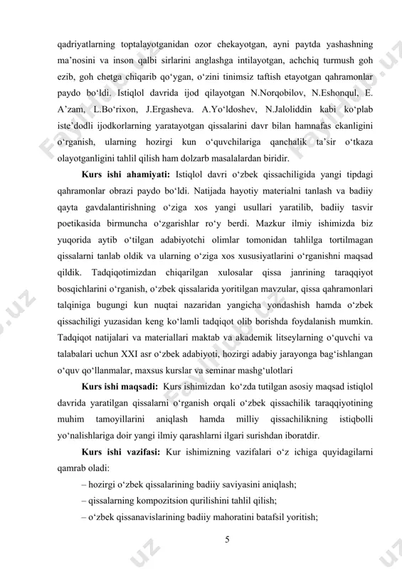 ng ichki dunyosi ochilishini qissalar misolida ko‘rib chiqish; –qissalarning syujet voqealarida hayotiy ziddiyatlarni badiiy umumlashtirilishini ko‘rib chiqish; – badiiy asardagi konfliktning estetik hodisa ekanligini ko‘rsatib berish; – konflikt asarning janr xususiyatlariga va muallifning maqsad va uslubiga qarab turli-tuman ko‘rinishlarga ega ekanligini hozirgi o‘zbek qissalari misolida ko‘rib chiqish; – istiqlol davri qissalaridagi g‘oyalarning milliy xususiyatlari va umuminsoniy qadriyatlarga mushtarakligini tahlil qilish. shu kabi vazifalar kurs ishimizning asosini tashkil qiladi. kurs ishi tuzilishi: kurs ishimiz kirish, asosiy qism, xulosa va foydalanilgan adabiyotlar roʻyxatidan iborat. i. bob. hozirgi zamon o‘zbek qissalarining kompozitsion xususiyatlari. zamonaviy mavzuda asar yozish yozuvchidan anchagina mehnat va mahorat bilan bir qatorda jur’at va jasoratni ham talab etadi. chunki bunday asarda davr ijtimoiy voqeligi aks etishi bilan birgalikda, bu voqealarga nisbatan yozuvchining munosabati ham ifoda qilingan bo‘ladi. qolaversa, bunday asarlar voqelikni real aks ettirishi, yozuvchi tomonidan badiiy matn obyekti guvohi bo‘lingan voqealarga tayanilgan holda yaratilganligi uchun ham davr va ijtimoiy …