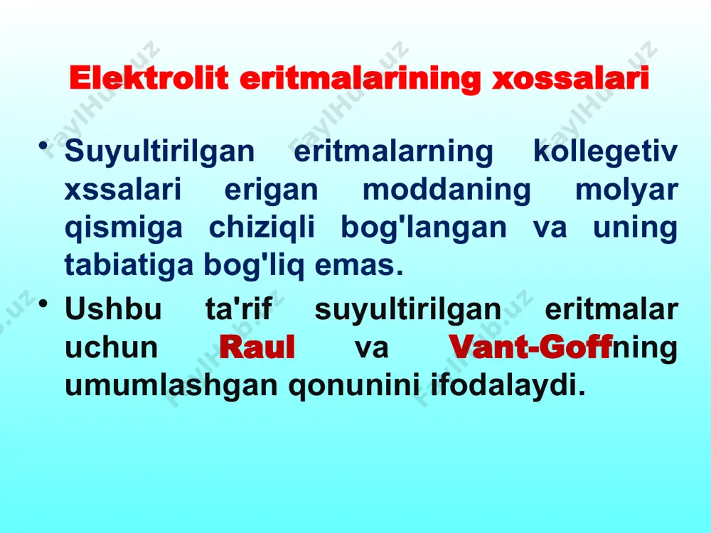 u erda -dissosilanuvchi ionlarning soni. dissosiasiya konstanta xarakterizuet sposobnost slabogo elektrolita raspadatsya na ioni elektrolitik dissosilanish nazariyasini tajribaviy asoslash dissosilanishda bir xil ionlar hosil qiluvchi barcha elektrolit eritmalari (kislota va ishqorlarning eritmalari) o'xshash xossalarni namoyon qiladi. tarkibida bir xil rangli ionlarni tutuvchi elektrolit eritmalari bir xil yutilish spektrlariga ega. massalar ta'siri qonunini elektrolit eritmalaridagi muvozanatga qo'llab, arrenius nazariyasini tekshirish uchun natijalar olindi. elektrolitik dissosilanish nazariyasini tajribaviy asoslash misol uchun sirka kislotasining elektrolitik dissosilanish jarayonini ko'rib chiqamiz: ch3coohch3-+h+ massalar ta'siri qonuni bo'yicha ushbu jarayon uchun quyilagicha deb yozishimiz mumkin 36 vilgelm ostvald (ostwald w.f.) (2.ix.1853 - 4.iv.1932) zakon razbavleniya ostvalda k ~ α2 c stepen dissosiasii vozrastaet pri razbavlenii rastvora k = α2 c/ 1- α α 0,357 nm bo'lsa, ionlarni izolyasiyalangan deb hisoblasa bo'ladi. real eritmalarning xossalarini ifodalashda ideal eritmalarning sodda munosabatlaridan foydalanish mumkin bo'lishi uchun 1907 yil lyuis effektiv konsentrasiya, ya'ni aktivlik degan formal tushunchani fanga kiritdi. aktivlik eritilgan …