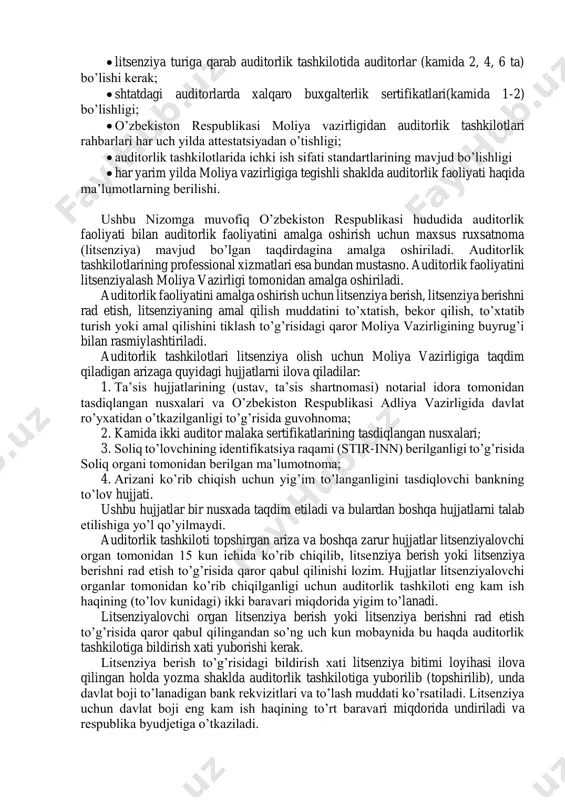 nda belgilangan miqdorda ustav kapitalning shakllangan bo’lishligi;  auditor o’z auditorlik faoliyati faqat bir auditorlik tashkilotida amalga oshiradi;  litsenziya turiga qarab auditorlik tashkilotida auditorlar (kamida 2, 4, 6 ta) bo’lishi kerak;  shtatdagi auditorlarda xalqaro buxgalterlik sertifikatlari(kamida 1-2) bo’lishligi;  o’zbekiston respublikasi moliya vazirligidan auditorlik tashkilotlari rahbarlari har uch yilda attestatsiyadan o’tishligi;  auditorlik tashkilotlarida ichki ish sifati standartlarining mavjud bo’lishligi  har yarim yilda moliya vazirligiga tegishli shaklda auditorlik faoliyati haqida ma’lumotlarning berilishi. ushbu nizomga muvofiq o’zbekiston respublikasi hududida auditorlik faoliyati bilan auditorlik faoliyatini amalga oshirish uchun maxsus ruxsatnoma (litsenziya) mavjud bo’lgan taqdirdagina amalga oshiriladi. auditorlik tashkilotlarining professional xizmatlari esa bundan mustasno. auditorlik faoliyatini litsenziyalash moliya vazirligi tomonidan amalga oshiriladi. auditorlik faoliyatini amalga oshirish uchun litsenziya berish, litsenziya berishni rad etish, litsenziyaning amal qilish muddatini to’xtatish, bekor qilish, to’xtatib turish yoki amal qilishini tiklash to’g’risidagi qaror moliya vazirligining buyrug’i bilan rasmiylashtiriladi. auditorlik tashkilotlari litsenziya olish uchun moliya vazirligiga …