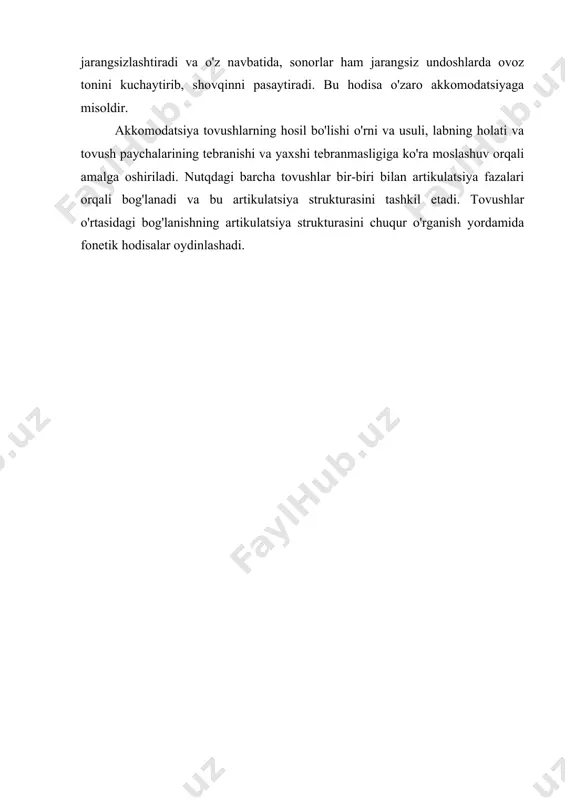 t, bolta, qarta, mingta, kamchil so'zlaridagi undosh birikmalarning har ikki elementi bir-biriga ta'sir qilib, jarangsiz undoshlar sonorlarni qisman jarangsizlashtiradi va o'z navbatida, sonorlar ham jarangsiz undoshlarda ovoz tonini kuchaytirib, shovqinni pasaytiradi. bu hodisa o'zaro akkomodatsiyaga misoldir. akkomodatsiya tovushlarning hosil bo'lishi o'rni va usuli, labning holati va tovush paychalarining tebranishi va yaxshi tebranmasligiga ko'ra moslashuv orqali amalga oshiriladi. nutqdagi barcha tovushlar bir-biri bilan artikulatsiya fazalari orqali bog'lanadi va bu artikulatsiya strukturasini tashkil etadi. tovushlar o'rtasidagi bog'lanishning artikulatsiya strukturasini chuqur o'rganish yordamida fonetik hodisalar oydinlashadi. adabiyotlar 1. аракин в.д. сравнительная типология английского и русского языков. м., просвещение, 1989. 2. аракин в.д. типология языков и проблема методического прогнозирования. м., высшая школа, 1989. 3. абдуазизов а.а. тилшуносликка кириш. i-қисм. фонетика ва фонология. ii-қисм. лексикология ва семасиология. грамматика. тошкент, университет, 1999. 4. абдуазизов а.а. ўзбек тили фонологияси ва морфонологияси. т., 1992. 5. абдуазизов а.а., шереметьева а.г., зализняк а.м. общее языкознание. ташкент, университет, 2004. 6. ашурова …