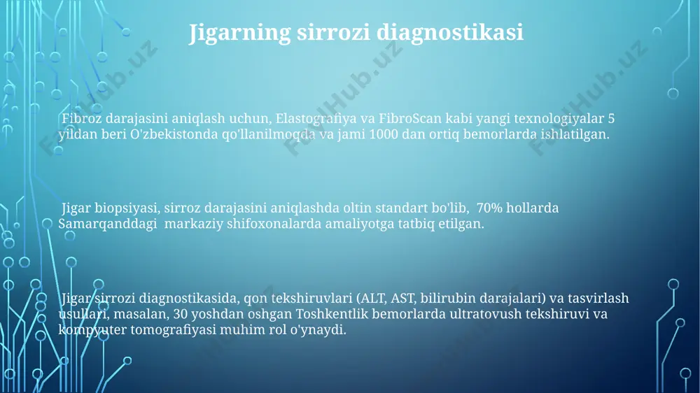 ngan 50 yoshdan oshgan 1000 nafar toshkentlik bemorda jigar sirrozi rivojlanish xavfi 30% ga yuqori ekanligi aniqlangan. gepatitning sabablari va turlari surunkali b va s gepatitlari esa qon orqali yuqadi va jigar sirroziga, hatto jigar yetishmovchiligiga olib kelishi mumkin, jahon sog‘liqni saqlash tashkilotining ma’lumotlariga ko‘ra, dunyo bo‘yicha 300 milliondan ortiq kishi yuqtirib olgan. gepatitning asosiy sabablaridan biri a va e gepatit viruslari bo‘lib, ular asosan ifloslangan suv va oziq-ovqat mahsulotlari orqali 100 dan ortiq mamlakatlarda tarqaladi. d gepatit virusi faqat b gepatit virusi bilan birgalikda infektsiyaga sabab bo‘ladi va asosan afrika va osiyoda tarqalgan, bu virus bilan kasallanganlarning 80% dan ortig‘i surunkali gepatitga chalinishadi. jigarning sirrozini davolash usullari jigarning sirrozini davolashda dietani 1500-1800 kaloriya bilan cheklash, tuz iste'molini kamaytirish va samarqanddagi mutaxassislar tavsiya qilganidek, suyuqlik muvozanatini nazorat qilish juda muhimdir. jigarning sirrozini davolashda, ayniqsa, 3-4-bosqichda, transjugular intrahepatic portosystemic shunt (tips) protsedurasi, masalan, toshkentdagi yirik klinikalarda qo'llaniladi va portal gipertenziyani kamaytirishga …