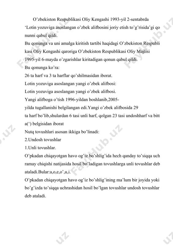 gul(;),ikki nuqta(:),tire(- tinish belgilari mazmun,ohang va grammatik qurilishiga ko’ra qo’llanadi: 1.ifodalanmoqchi bo’lgan mazmun tugallangan bo’lsa,nuqta,undov yoki so’roq belgisi,uch nuqta qo’yiladi.masalan:-o’zimiz institut ochyapmiz,bilib qo’y...-institut?-institut! o’zgalarning gapi bo’lsa,qo’shtirnoqqa olinadi:,-dedi o’qituvchimiz. 3.ohang.ayrim tinish belgilari ohang talabi bilangina qo’yiladi:qush mag’rur -qanoti bo’lgani uchun,tog’ mag’rur-savlati bo’lgani uchun.bu jumlada tire ohang talabi bilan,birinchi gaplarning ma’nosiga diqqatni jalb etish talabi bilan qo’yilgan. 2.grammatik qurilish.ega bilan kesim orasida tire qo’yilishi yoki qo’yilmasligi ma’lum grammatik qoidalar asosida belgilanadi.ayrim ergash gaplar o’z tuzilishiga ko’ra vergul bilan ajratiladi.masalan:yo’lchi,qancha aqchasi bo’lsa ham,berishga tayyor edi.bu jumladagi qancha aqchasi bo’lsa ham ergash gap bo’lgan bo’lgani uchun ,bosh gap orasida to’xtalish bo’lmasa ham,undan so’ng vergul qo’yiladi. jumladan, lotin yozuviga asoslangan o’zbek alifbosining yangi tahriri asosida “o’zbek tilining imlo qoidalari” tasdiqlanadi. o’zbek tili alifbosi va yangi imlo qoidalari asosida transliteratsiyaga mo’ljallangan axborot dasturiy taʼminotlar uchun yagona talab ishlab chiqiladi va amaliyotga joriy etiladi. turli vazirlik, idoralar va tashkilotlarning xodimlari, mustaqil o’rganuvchilar uchun alisher navoiy nomidagi toshkent …