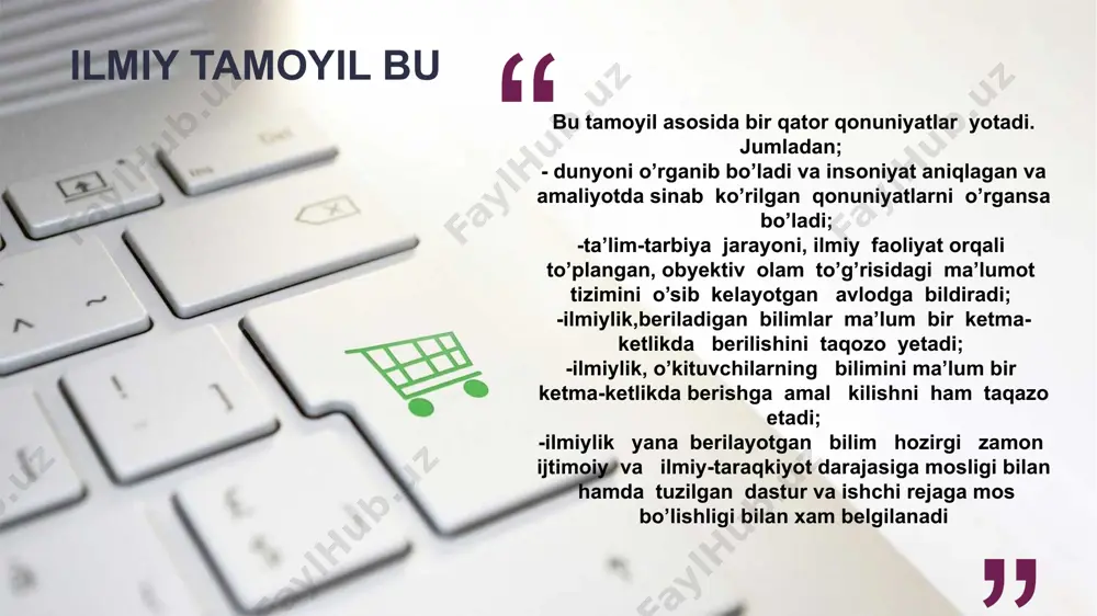 nlaringiz kechagisini mustahkamlashi va ertangi aytganingizga yo’l ochib berishi kerak. 4.ta’limning ko’rsatmalilik va ko’rgazmalilik tamoyili. ta’lim jarayonida mumkin qadar sezgi organlarini ko’proq jalb etish o’rganishni osonlashtiradi. eshitish jarayonida abstrakt tafakkur ma’lum ish bajarsa, ko’rish orqali obrazli tafakkur ham ishga tushadi. ko’rsatmalilik mavzuni o’rganishda yengillik tug’dirishi bilan birga o’quvchida qiziqish ham uyg’otadi. o’rganilgan mavzuni o’ziga uzoq muddat esda saqlanishga va qayta yesga tushirishga yordam beradi. o’quvchilarning sxema, jadval, diagramma kabi materiallarni ustida ish olib borishlari va materiallar xususiyatlarini taqqoslash, tahlil qilish, umumlashtirish, xulosa chiqarishlari mantiqiy fikrlash qobiliyatini o’stirishga yordam beradi 1 2 3 ta’lim amaliyoti, ko’rgazmalilik tamoyili amalga oshirishning bir qator qoidalarini ishlab chiqilgan 5 1.o’qitish jarayonida, ko’rgan narsa eshitganga nisbatan bir necha barobar tez o’zlashtirilib, uzoq muddatga esda saqlanib qolishligini doimo xotirada tutish qoidasi. 2.bolalar shakl, rang, his qilish va tovush orqali fikr yuritishlarini bilish qoidasi. 3.o’quvchilarning, kishi nimaiki narsani tasavvuriga keltirish mumkin bo’lsa, ko’ra olsa, sinab ko’rilsa, eshita olsa …