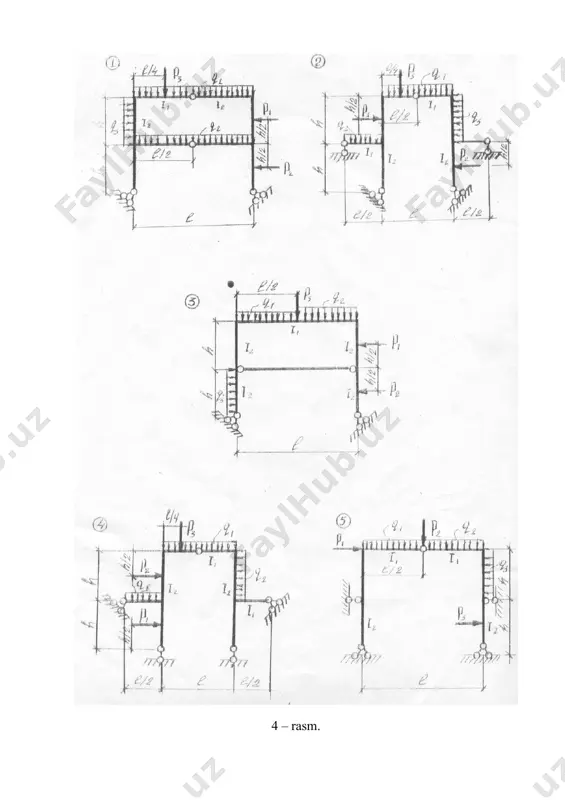 ment (m) epyuralari qurilsin; 8. umumiy eguvchi moment epyurasi qurilsin va statik hamda deformatsion tekshirilsin; 9. ko’ndalang kuchlar epyurasi qurilsin; 10. bo’ylama kuchlar epyurasi qurilsin; 11. umumiy statik tekshirilsin. “bino-inshootlari arxitekturasi va qurilishi” kafedrasi mudiri: r.q.xudoyqulov tоpshiriqni beruvchi vа uni qаbul qiluvchi: m.r. po’latov image1.png image2.png