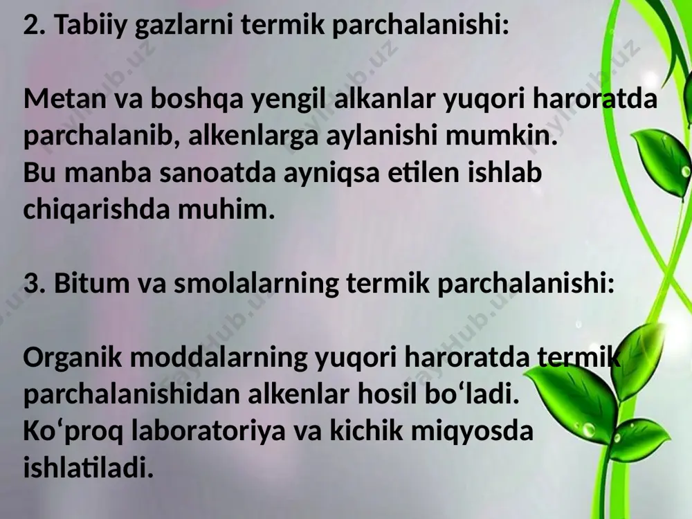 sport va ishlab chiqarish xarajatlariga ta’sir qiladi. d) ekologik jihatlar: benzin tarkibidagi zararli moddalar (ayniqsa aromatiklar) atmosferaga chiqib, havo ifloslanishiga olib keladi. shu sababli, ekologik toza benzin turlariga (masalan, e5, e10 – bioetanol aralashmalari) o‘tish amalga oshirilmoqda. xulosa: benzin — hozirgi davr texnologiyasida eng muhim energiya manbalaridan biridir. uning tarkibi nafaqat yonish sifati, balki ekologiya va iqtisodiy rivojlanish uchun ham katta ahamiyatga ega. benzinning tarkibi va sifati o‘rtasidagi bog‘liqlik oktan soni – sifati mezoni benzin sifati odatda oktan soni bilan belgilanadi. oktan soni degani – benzinning detonatsiyaga chidamliligi, ya’ni dvigatelda portlamasdan, barqaror yonish qobiliyatidir. n-geptan (oktan soni = 0) — tez portlaydi, sifati past 2,2,4-trimetilpentan – izooktan (oktan soni = 100) — barqaror yonadi, sifati yuqori tarkib va sifat bog‘liqligi: a) to‘g‘ri zanjirli alkanlar (parafinlar): oktan soni past, shuning uchun past sifatli benzin hosil qiladi. dvigatelda detonatsiya yuzaga keladi — bu dvigatelga zarar yetkazadi. b) izomer alkanlar (izoparafinlar): oktan soni …