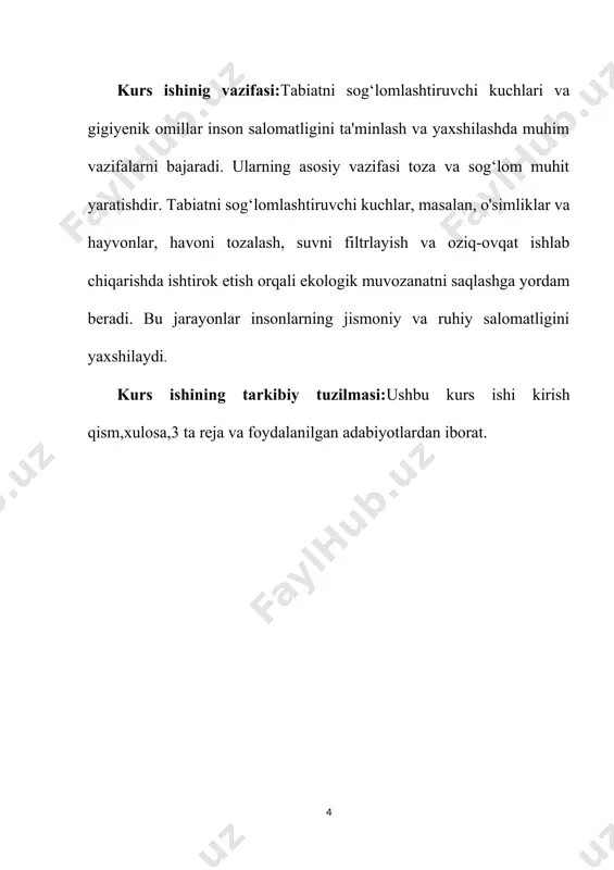 idagi aloqalarni mustahkamlashga yordam beradi. shunday qilib, tabiatni sog‘lomlashtiruvchi kuchlar nafaqat fizik salomatlik, balki ruhiy salomatlik va ijtimoiy aloqalarni ham qo'llab-quvvatlaydi. tabiatni saqlash, uning resurslaridan oqilona foydalanish va ekologik muvozanatni saqlash har birimizning burchimizdir. tabiat sog‘lom bo'lsa, insonlar ham sog‘lom bo'ladi. 2.gigiyenik omillar. gigiyenik omillar, inson salomatligi va farovonligini ta'minlashda muhim rol o'ynaydi. ular odamlarning yashash sharoitlari, atrof-muhit ta'sirlari va shaxsiy gigiyena odatlari bilan bog'liq. gigiyena tushunchasi, asosan, infeksion kasalliklarning oldini olish va umumiy salomatlikni saqlashga qaratilgan.gigiyenik omillar orasida toza ichimlik suvi, sanitariya sharoitlari, oziq-ovqat xavfsizligi, shaxsiy gigiyena va atrof-muhit gigiyenasi mavjud. har bir omil o'ziga xos muhimlikka ega bo'lib, inson organizmi va uning salomatligi uchun zarur.toza ichimlik suvi inson sog'lig'i uchun eng muhim omillardan biridir. suvning ifloslanishi, infeksion kasalliklarning tarqalishiga, ichak infektsiyalariga va boshqa sog'liq muammolariga sabab bo'lishi mumkin. shuning uchun, suv manbalarining tozaligi va sanitariya qoidalariga rioya qilish juda muhimdir.sanitariya sharoitlari ham gigiyenik omillar sifatida muhim ahamiyatga ega. …
