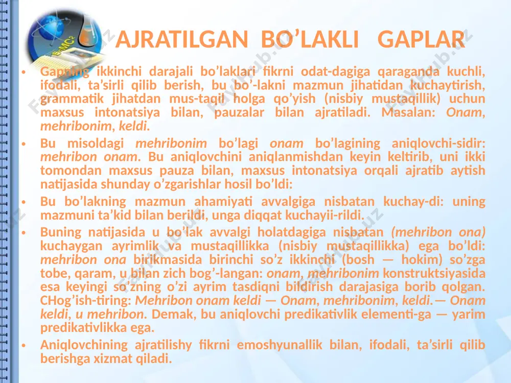 angni ham, .xatga solgan ekansan. demak, aniqlovchi-izohlovchi gapning kishi-lik olmosh bilan ifodalangak bo’lagiga qarashli bo’lsa, u, odat-,da, ajratilgan bo’lak bo’lib keladi. aniqki, ajratish hodisasi tilning eng muhim, zarur vosita-.laridan biridir. uzbek tilida ajratilgan bo’laklarning taraq-qiyoti rus tilining samarali, progressiv ta’siri bilan organik bog’liq. milliy tillarning o’sishidagi eng boy manba — «ulug’ va qudratli rus tili» (v. i. lenin) o’zbek tilinint taraqqiyotida muhim rol o’ynab kelmoqda. ajratilgan bo’laklar sohasidagi yangi yutuqlar shu progressiv ta’sirning sintaksisdagi ko’rinish-laridan biridir. ikkinchi darajali bo’laklarning hamma turi gapda aj-ratilishi mumkin: ajratilgan izohlovchilar, ajratilgan qara-tuvchilar, ajratilgan sifatlovchi, ajratilgan hollar va ajra-tilgan to’ldiruvchilar. ajratilgan izohlovchi. izohlovchilarda ajratilish ho-disasi aniqlovchining boshqa tiplariga qaraganda ko’p uchraydi. buning ayrim sabablari bor: izohlovchi-izohlanmish munosabati-dagi so’zlarda (traktorchi toshpo’lat) yosh yigit tipidagi sifat-lovchi-sifatlanmishga nisbatan ancha tartib erkinligi bor (yosh yigit tipidagi birikmada tartib erkinligi yo’q); izohlovchi aj-ratilganda moslashish hodisasini ham ko’rish mumkin: toshpo’lat-ga, traktorchiga, ...(bu hol yosh yigit birikmasida yo’q). bu moslik elementlarning ayrimligini …