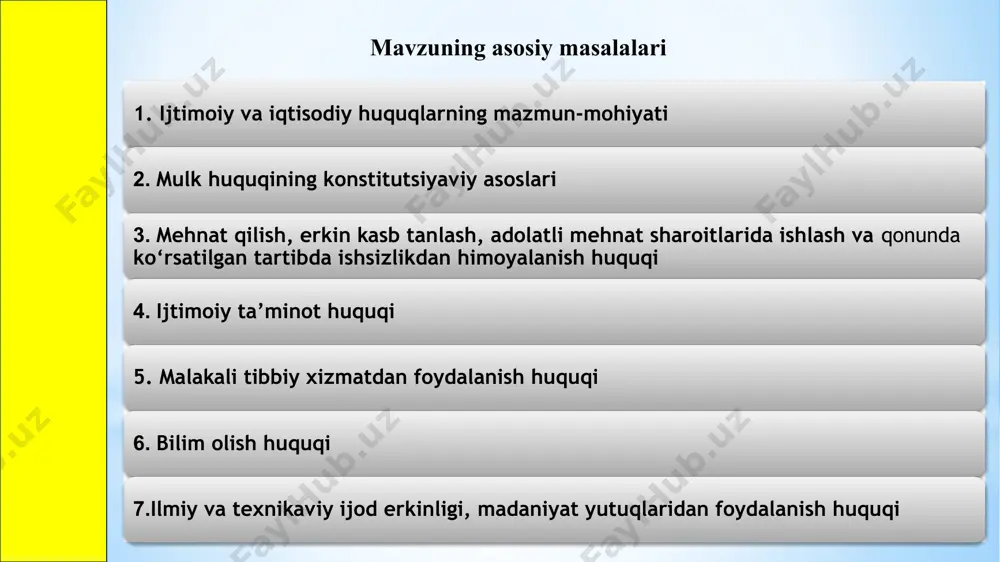 adi. 2022-yil 1-yanvardan boshlab davlat xizmatchilariga respublika hududidan tashqarida hisob raqamlar ochish va egalik qilish, naqd pul mablag‘larini saqlash, ko‘chmas va boshqa mol-mulkka ega bo‘lish taqiqlanadi (xorijda ishlayotgan davlat xizmatchilari va davlat xizmatiga kirishdan oldin olingan mol-mulk bundan mustasno). o‘zbekiston respublikasi fuqarolik kodeksiga binoan meros qoldiruvchining vafot etguniga qadar meros qoldirish huquqi saqlanib qoladi. meros ikki yo‘l bilan: qonun va vasiyat qilish orqali qoldiriladi. mehnat qilish, erkin kasb tanlash, adolatli mehnat sharoitlarida ishlash va qonunda ko‘rsatilgan tartibda ishsizlikdan himoyalanish huquqi 9 konstitutsiyasining 37-moddasi mehnat qilish erkin kasb tanlash adolatli mehnat sharoitlarida ishlash ishsizlikdan himoyalanish mk. vii bob. ish vaqti 115-modda. ish vaqtining normal muddati xodim uchun ish vaqtining normal muddati haftasiga qirq soatdan ortiq bo‘lishi mumkin emas. olti kunlik ish haftasida har kungi ishning muddati yetti soatdan, besh kunlik ish haftasida esa sakkiz soatdan ortib ketmasligi lozim. 117-modda. noqulay mehnat sharoitlaridagi ishlarda band bo‘lgan xodimlar uchun ish vaqtining qisqartirilgan muddati …