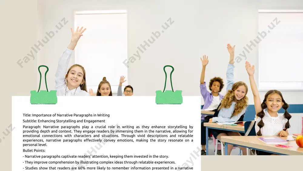 party. the suspenseful tone and vivid imagery create a palpable sense of conflict, drawing readers into the oppressive atmosphere of the dystopian world. visual aid include images of book covers and relevant scenes from the discussed works to visually reinforce the narrative techniques exemplified in each paragraph. title: key features of narrative paragraphs feature 1: use of descriptive language descriptive language creates vivid imagery, allowing readers to visualize scenes and feel emotions, enhancing their engagement with the narrative. feature 2: characterization characterization reveals the personalities and motivations of characters, making them relatable and driving the reader's emotional connection to the story. feature 3: setting the setting establishes the time and place, influencing the mood and context of the narrative, which helps readers understand the characters' actions. feature 4: plot advancement narrative paragraphs propel the plot forward by presenting key events and conflicts, maintaining the reader's interest and building suspense. feature …