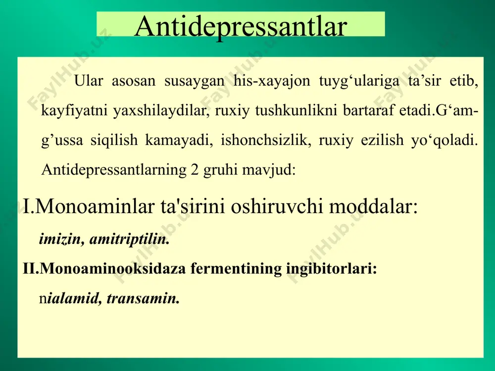 juda oz. azafen asosan yengil va o'rtacha darajadagi og'irlikda qo'llaniladi (ko'proq qarilarda). pirazidol indol xosilasi.antidepressiv ta'sirining zaminida noradrenalinni neyronal qayta shimilishining kamaytirishi va mao faolligini susayishi yotadi. pirazidol periferik va markaziy xolinoblokatorlik ta'siriga ega emas, yuqoridagi antidepressantlardan kam ta'sir doirasiga ega.yurak, tomir va qon bosimini o'zgartirmaydi. noxush ta'siri kam bo'ladi. mao ingibitorlari bu guruh dorilarining antidepressiv xossasining zaminida ularning mao fermenti faolligi keskin susaytirishi tufayli bosh miyaning ba'zi qismlarida neyromediator na, serotonin va dofaminning dezaminlanishi to'xtab katta miqdori tuplanishi yotadi.bu vo- sitalarning kupchiligi mao faolligini qaytmas bloklaydi va shuning uchun 2 xaftadan keyin yangi ferment molekulasi qayta sintezlangandan keyingina mao faolligi avvalgi darajasiga yetadi. pishloq, qaymok, kofe, vino, pivo kabi ovqat maxsulotlaridagi monoaminlar mao ishtirokida ichakda parchalandi. mao faolligi keskin susayganda monoaminlar parchalanmaydi va ichakda surilib tomirlarni toraytiradi va qon bosimini oshib ketishiga olib keladi. (pishloq sindromi). nialamid – samaradorligi anchagina past bulgan antidepressant, lekin preparat jigarga kam zararli ta'sir …