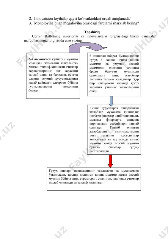 torlar va innovatsiyalar to‘g‘risidagi fikrini qanchalar ma’qullashingiz to‘g‘risida esse yozing. 6 кишидан иборат бўлган кичик гуруҳ 6 дақиқа ичида кичик муаммо ва умуман асосий муаммони ечимини топишга ёрдам берувчи муаммоли саволларга аниқ жавоблар топишга ҳаракат қиладилар. ҳар бир иштирокчи алоҳида қоғоз варағига ўзининг жавобларини ёзади. гуруҳ ишлари натижасининг тақдимоти ва муҳокамаси ўтказилади, таклиф қилинган кичик муаммо ҳамда асосий муаммо бўйича аниқ, структурага солинган, рационал ечимлар ишлаб чиқилади ва таклиф қилинади. кичик гуруҳларда тайёрланган жавоблар муҳокама қилинади: нотўғри фикрлар олиб ташланади, мужмал фикрларга аниқлик киритилади, асосийлари танлаб олинади. танлаб олинган жавобларни тизимлаштириш учун маълум хусусиятлар аниқланади ва шу асосда кичик муаммо ҳамда асосий муаммо бўйича ечимлар гуруҳ-лаштирилади. 6-6 техникаси қўйилган муаммо юзасидан жамоавий шаклланти-рилган, таклиф қилинган ечимлар вариантларнинг энг сарасини танлаб олиш ва баҳолаш, сўнгра уларни умумий хусусиятларига қараб қуйидаги алгоритм бўйича гуруҳлаштириш имконини беради. mavzuni o‘rganish va mustahkamlash uchun nazorat savollar 1.“ixtirolar, foydali modellar va sonoat namunalari to‘g‘risida”gi o‘zbekiston respublikasi …