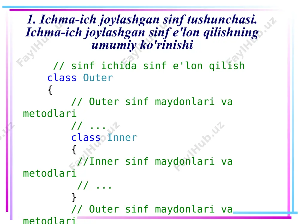 hma-ich joylashgan inner1 sinfini; public sifatida e'lon qilingan ichma-ich joylashgan inner2 sinfini; internal sifatida e'lon qilingan ichma-ich joylashgan inner3 sinfini; protected sifatida e'lon qilingan ichma-ich joylashgan inner4 sinfini; protected internal sifatida e'lon qilingan ichma-ich joylashgan inner5 sinfini. 9 4.turli xil kirish modifikatorlariga ega bo'lgan sinflardan foydalanishga misol ichma-ich joylashgan sinflarning har birida: bitta butun turdagi statik bo'lmagan o'zgaruvchi; bitta butun turdagi statik o'zgaruvchi e’lon qilingan. outer sinfining listingi quyidagicha: // outer sinfi 5 ta ichma-ich joylashgan sinfni o'z ichiga oladi public class outer { // outer sinfining ichki o’zgaruvchilari public int d; static public int sd; // sinfning ichki metodidan inner1 private-sinfga kirish public inner1 getinner1() { inner1 i1 = new inner1(); // inner1 sinfning namunasini yaratish 10 4.turli xil kirish modifikatorlariga ega bo'lgan sinflardan foydalanishga misol // sinf namunasi orqali inner1 sinf a’zolariga kirish (dustup) i1.d1 = 25; // inner1 ichki sinfning statik a'zosiga kirish (dustup) inner1.sd1 = 30; …