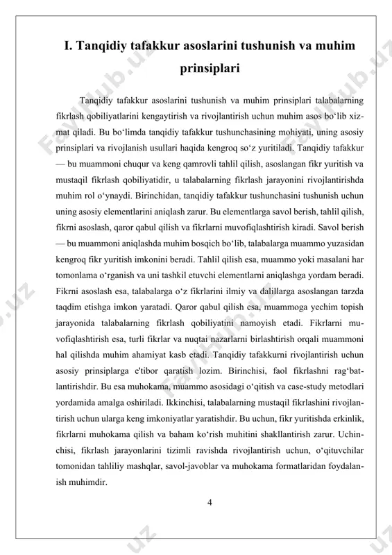 ning fikrlash qobiliyatlarini kengaytirishga yordam beradi. xulosa qiladigan bo‘lsak, tanqidiy tafakkur asoslarini tushunish va muhim prinsiplari talabalarga fikrlash qobiliyatlarini kengaytirish va rivojlantirish uchun asosiy imkoniyatlarni taqdim etadi. bu jarayon pedagogik strategiyalar, zamonaviy texnologiyalar va metodikalarning integratsiyasi orqali amalga oshiriladi. bu usullar talabalarga muammolarni keng qamrovli tahlil qilish, mustaqil fikr yuritish va kreativ yondashish ko‘nikmalarini rivojlantirishga yordam beradi hamda ularning kelajakdagi muvaffaqiyatlarini ta’minlash uchun asos yaratadi. ii. amaliy metodlar va texnologiyalar yordamida rivojlantirish usullari amaliy metodlar va texnologiyalar yordamida tanqidiy tafakkurni rivojlantirish usullari ta'lim jarayonida muhim ahamiyat kasb etadi. bu usullar talabalarning fikrlash qobiliyatlarini kengaytirishga, muammo va vaziyatlarni chuqur va keng qamrovli tahlil qilishga, shuningdek, mustaqil fikr yuritish ko'nikmalarini rivojlantirishga xizmat qiladi. ularning muvaffaqiyati, asosan, pedagoglarning yondashuvlari, foydalanilayotgan texnologiyalar va metodikalar bilan bog'liq bo'lib, ular talabalarning aktiv ishtirokini ta'minlashga qaratilgan. birinchi navbatda, muhokama metodlari tanqidiy tafakkurni rivojlantirishda muhim rol o'ynaydi. bu usul talabalarga fikrlar bilan bo'lishish, muhokama jarayonida o'z fikrini asoslash …