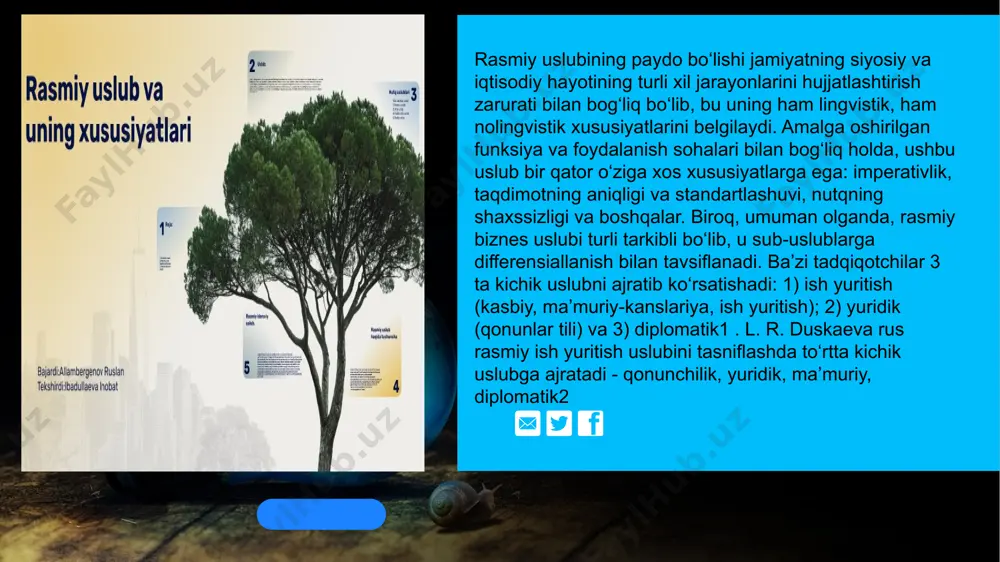 oʻziga xos soʻz qoʻllash, morfologik va sintaktik xususiyatlar orqali taʼmin etiladi. bu uslubdagi gap qurilishi, odatda, tasniflovchi, qayd etuvchi va qaror qiluvchi qismlarning birligiga asoslanadi. shuning uchun ham rasmiy ish qogʻozlari (hujjatlar)da nisbatan uzun jumlalar, murakkablashgan, uyushiq boʻlakli gaplar koʻp qoʻllanadi. rasmiy gap tarkibida odatdagi soʻz tartibiga qatʼiy rioya qilinadi. rasmiy uslubda soʻroq va undov gaplar deyarli qoʻllanmaydi, asosan, darak va buyruq gaplar ishlatiladi. matn birinchi shaxs yoki uchinchi shaxs tilidan yoziladi. rasmiy ish qogʻozlari matnini tuzishda turgʻunlashgan, qoliplashgan soʻz birikmalaridan keng foydalaniladi. masalan, buyruqda"... soʻm maosh bilan... lavozimiga tayinlansin", yoki xizmat yozishmalarida "sizga...ni maʼlum qilamiz". "...ga korxona kafolat beradi" kabi qoliplashgan tuzilmalar qoʻllanishi mumkin. e’tbornigiz uchun raxmat image1.jpeg image6.jpeg image3.jpeg image4.jpeg image7.jpeg image9.png image10.png image11.png image12.png image13.png image2.jpeg image8.jpeg /docprops/thumbnail.jpeg