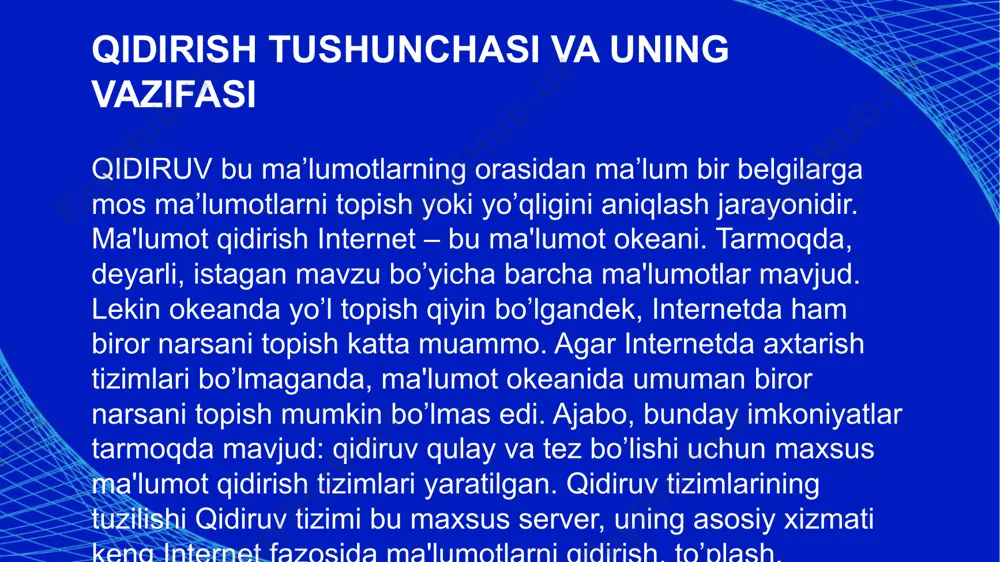 yoki jadval ko’rinishidagi berilgan ma’lumotlar jamlanmasi (to’plami). 2) kalit - ixtiyoriy maʼlumot (yoki tuzilma elementi) boshqa maʼlumotdan biror bir farqlash belgisi. 3) qidiruv mezoni – bu qidirilayotgan kalit belgisi ma’lumotlar yozuvlarida moslik sharti. (teng, yaqin, o’xshash va b.) kalit ikki hil boʼlishi mumkin: * birlamchi (takrorlanmaydi, noyob); * ikkilamchi (takrorlanadi). kalitlar saqlanishiga nisbattan ichki va tashqi deyiladi. agar kalitlar maʼlumotlar jadvalidan ajratib olinib alohida fayl sifatida saqlansa, u holda bunday kalitlar tashqi kalitlar deyiladi. аks holda, yaʼni yozuvning bir maydoni sifatida jadvalda saqlansa ichki kalit deyiladi. malumotlarni qidirish usulining algoritmlari va ularning samaradorligi ma’lumki, axborot texnologiyalari jadal suratlar bilan exmda ma’lumotlarni qayta ishlashda qidiruv asosiy amallardan biri bo’lib hisoblanadi. uning vazifasi berilgan argument bo’yicha massiv ma’lumotlari ichidan mazkur argumentga mos ma’lumotlarni topishdan iborat. ixtiyoriy ma’lumotlar majmuasi jadval yoki fayl deb ataladi. ixtiyoriy ma’lumot (yoki tuzilma elementi) boshqa ma’lumotdan biror bir belgisi orqali farq qiladi. mazkur belgi kalit deb ataladi. kalit …