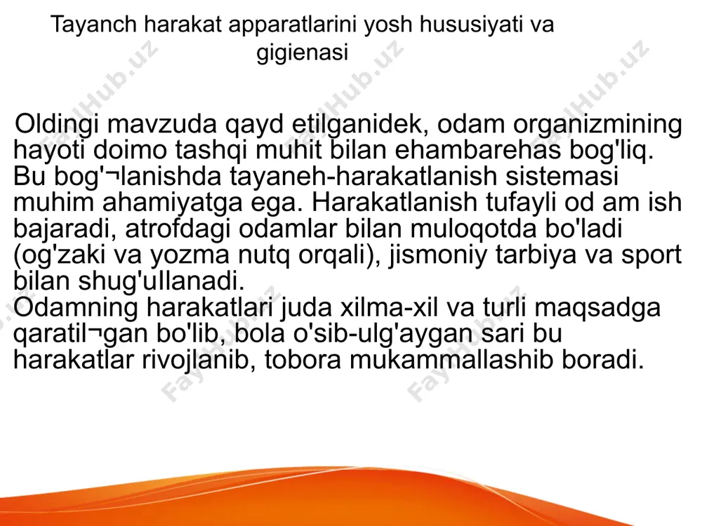 bosh suyagidagi tepa, ensa, yuz, kurak va ehanoq suyaklari. g'alvirsimon suyaklar - yuqorigi jag', peshona, bosh suya gining pastki asos qismidagi ponasimon va g'alvirsimon suyaklar. 1-rasm. skeletning umumiy ko'rinishi. odam tanasidagi suyaklar joylashishiga qarab bir necha qismga bo'lib o'rganiladi: bosh, gavda, qo'l va oyoq suyaklari. bosh suyagi 23 ta suyaklarning birikjsrudan tashkh topgan bo'lib ikki qismga bo'linadi: miya qutisi suyaklari va yuz suyaklari (2- rasm). miya qutisi suyaklariga: peshomi - i, tepa - 2, chakka - 2, ensa - i, asosiy - i, g'alvirsimon - 1 ta suyaklar kiradi. yuz suyaklariga: yuqorigi jag' - 2, yonoq - 2, burun - 2, ko'zyosh - 2, pastki burun chanog'i - 2, tanglay - 2, pastki jag' - 1, dimog' - i, til osti - i ta suyaklar kiradi.pastki jag' va chakka suyaklari bir-biri bilan bo'g'im hosil qilib birikadi. bu bo'g'im tufayli pastki jag' xilma-xil harakatlarni bajaradi va natijada odam ovqatni chaynash, so'zlash, …