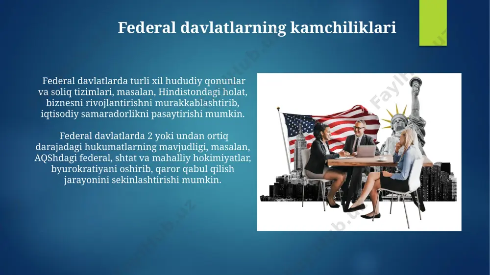 til xususiyatlariga ega. aqsh 50 ta shtatdan iborat bo'lib, har bir shtat o'ziga xos konstitutsiyaga va qonun chiqaruvchi organlarga ega, ammo federal hukumatning vakolati ham mavjud. unitar davlatlarga misollar fransiya, markazlashgan boshqaruv tizimiga ega boʻlgan unitariy davlat boʻlib, 13 ta mintaqaga boʻlingan va ularning har biri oʻziga xos qonun chiqaruvchi organlarga ega, ammo yakuniy hokimiyat parijda markazlashgan. yaponiya, 47 ta prefekturaga boʻlingan unitariy davlat sifatida, markaziy hukumatning kuchli ta'siri ostida boʻlib, mahalliy hokimiyat organlarining vakolatlari cheklangan. federal davlatlarning turlari germaniya kabi ba'zi federal davlatlarda, länder (yerlar) federal hukumatga nisbatan ancha mustaqil boʻlib, 16 ta "länder"ning har biri oʻz konstitutsiyasi va qonun chiqaruvchi organiga ega. federal davlatlarning 4 turi mavjud: 1) markazlashgan, 2) dekontsentrallashgan, 3) kooperativ va 4) aralash tizimlar, bu yerda aqsh 4-turga misol boʻla oladi, chunki u har xil federal tuzilmalar elementlarini oʻz ichiga oladi. unitar davlatlarning kamchiliklari markazlashgan boshqaruv tufayli, fransiya misolida koʻrish mumkin boʻlganidek, mahalliy darajadagi qaror …